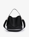 Remi and Reid Paloma Shoulder Bag in textured black vegan leather, featuring a unique wing-like silhouette with a flat top handle and a removable, adjustable shoulder strap.