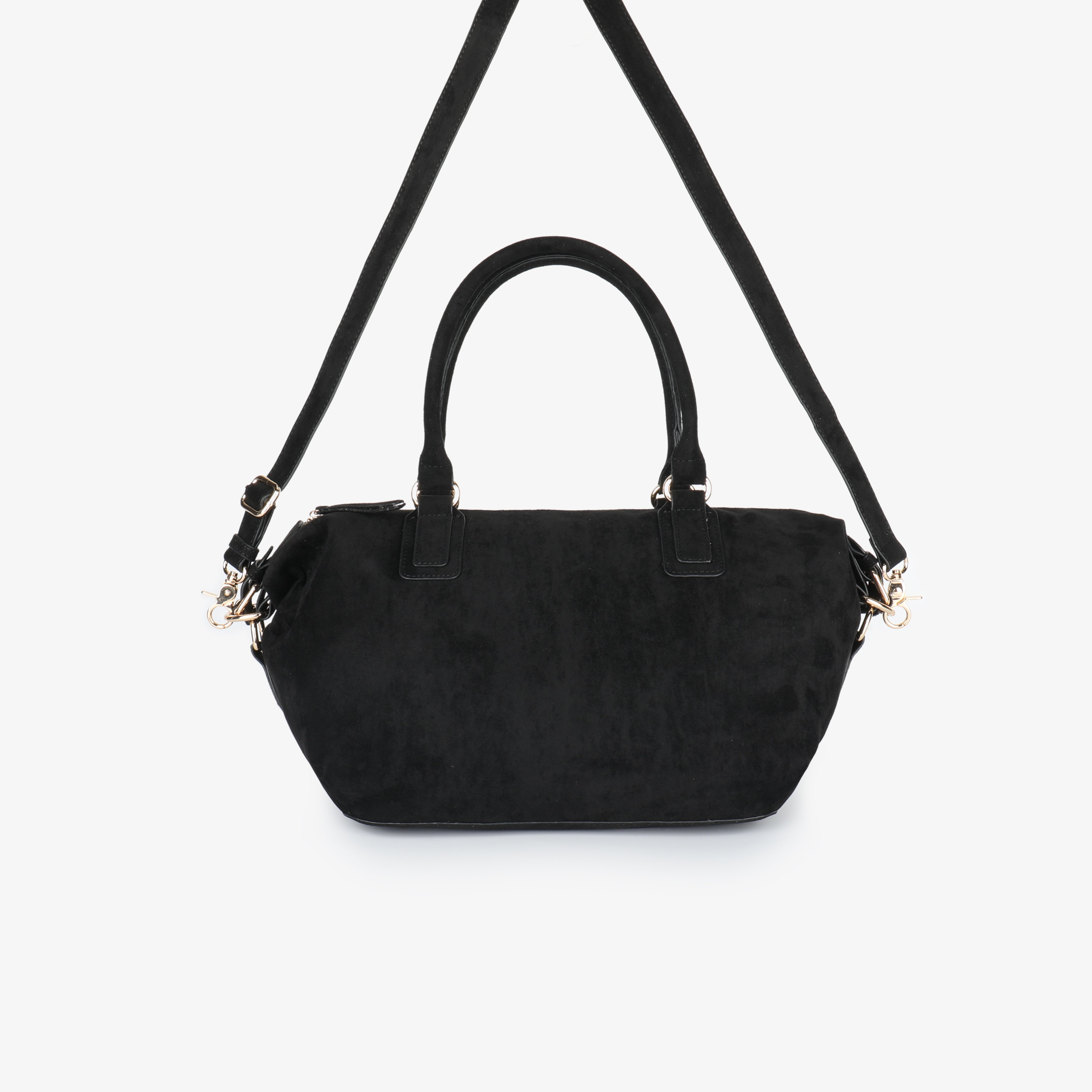 Black faux suede handbag with shoulder strap and buckle details_Remi and Reid