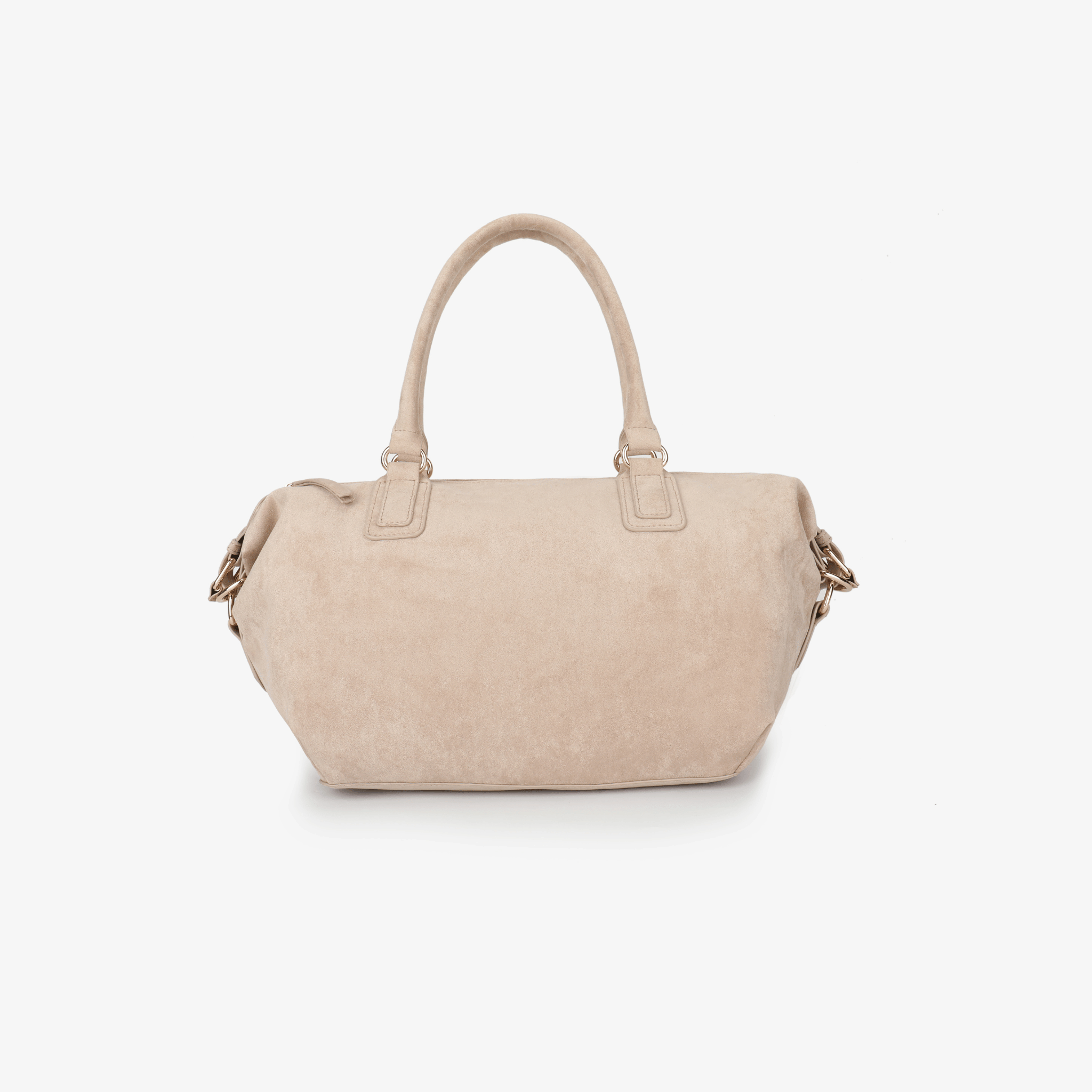 Front view of large faux suede handbag in beige_Remi and Reid