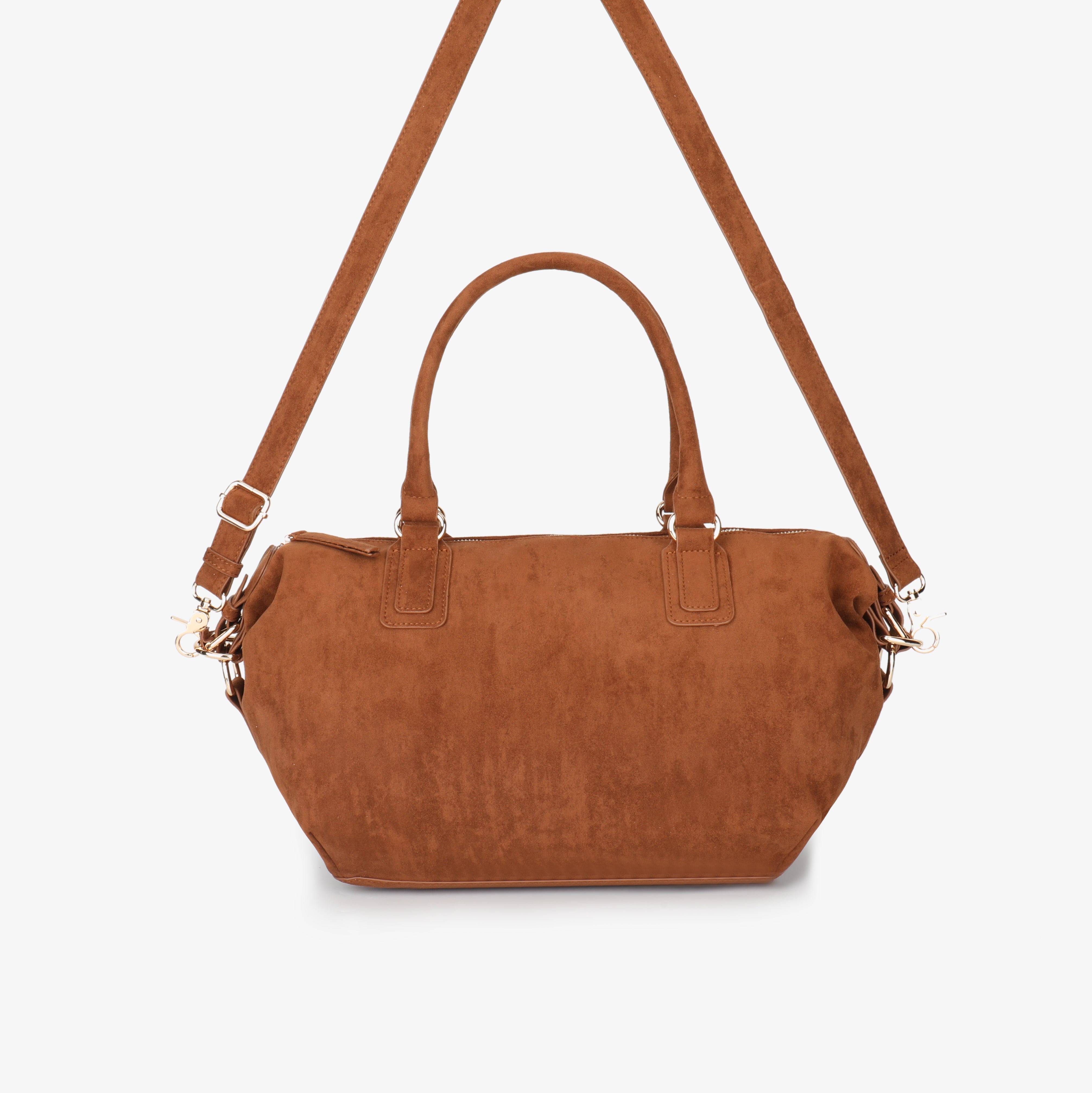 Large rust faux suede bag with top handles and adjustable shoulder strap_Remi and Reid