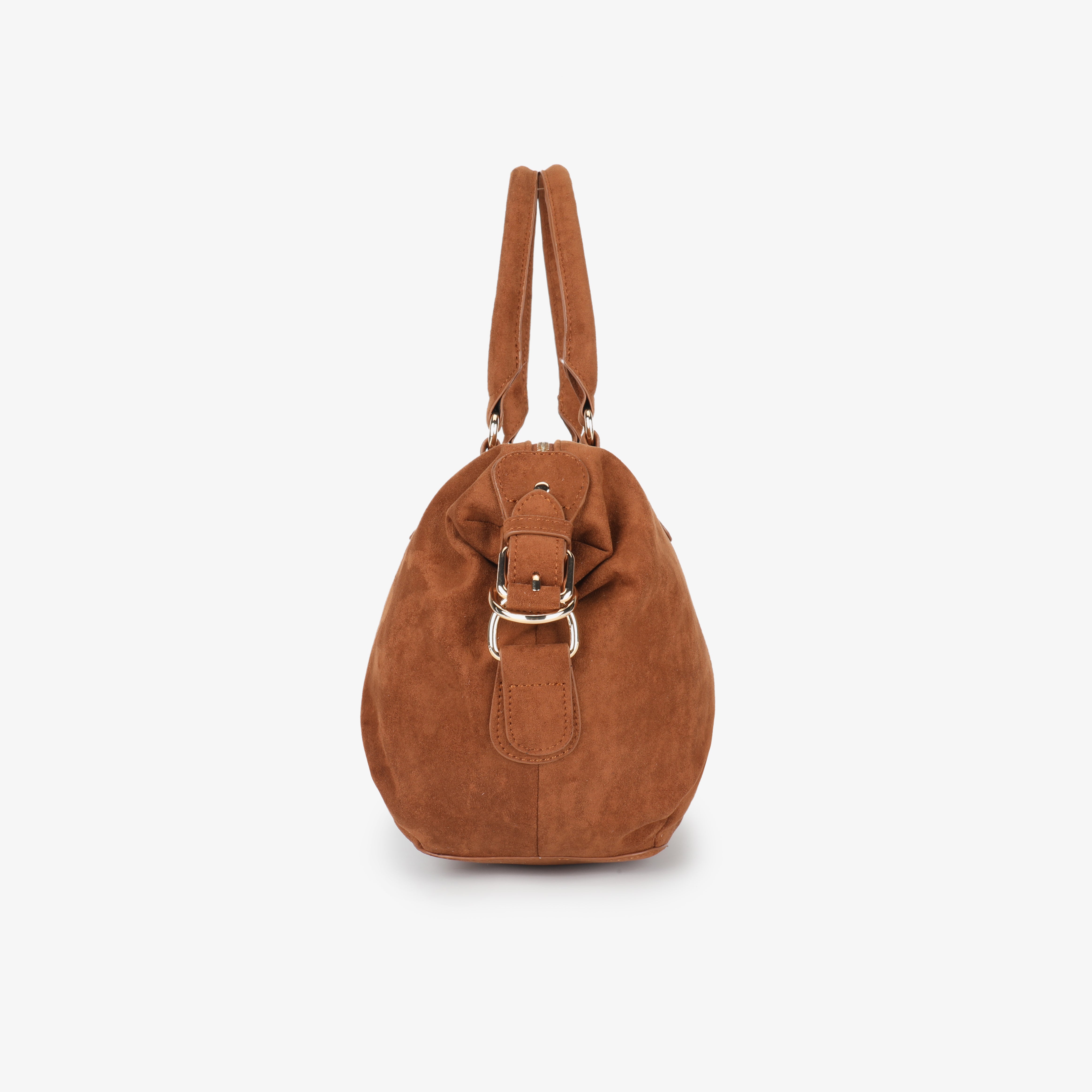 Side view of rust-colored faux suede bag with buckle details_Remi and Reid