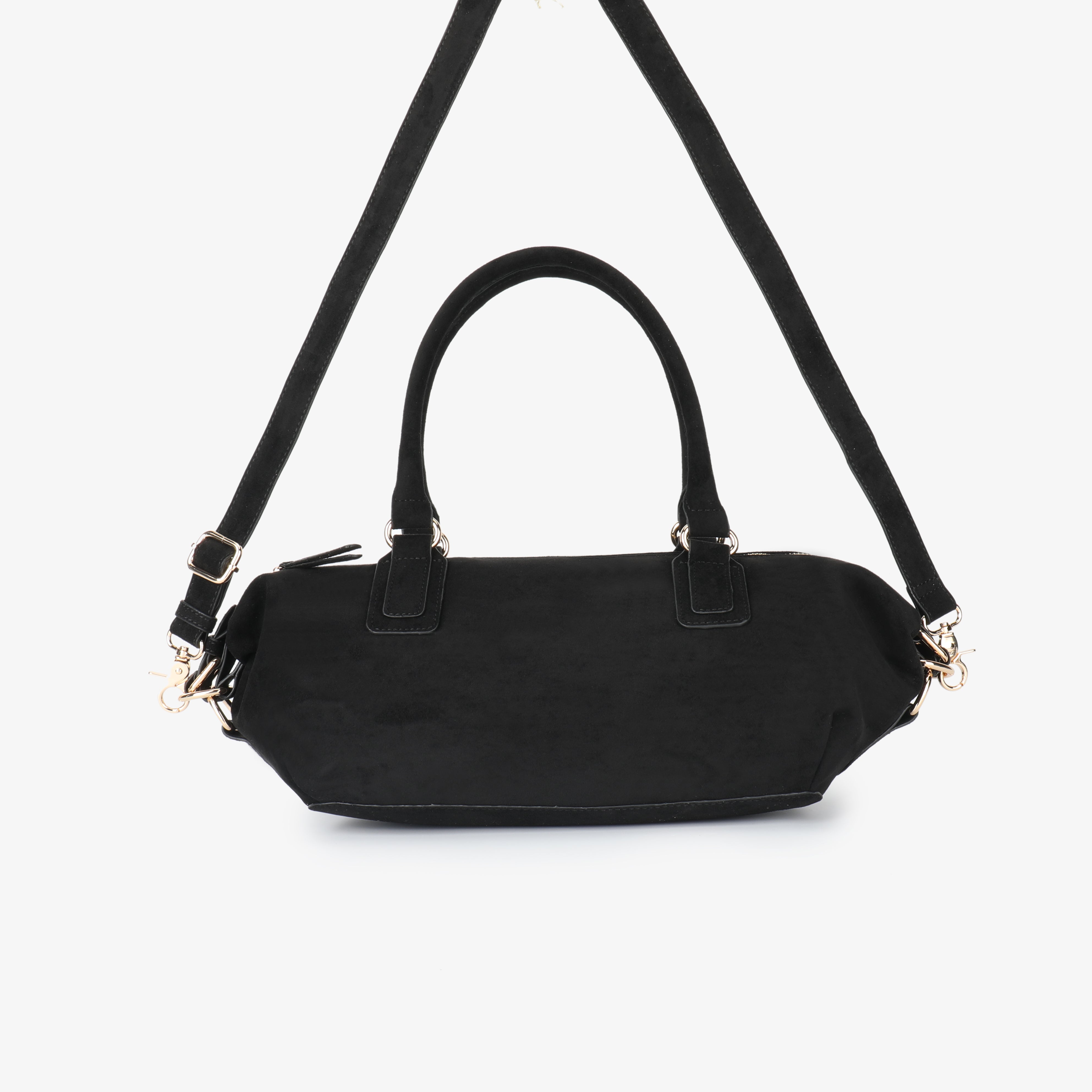 Black small faux suede handbag with a strap_Remi and Reid