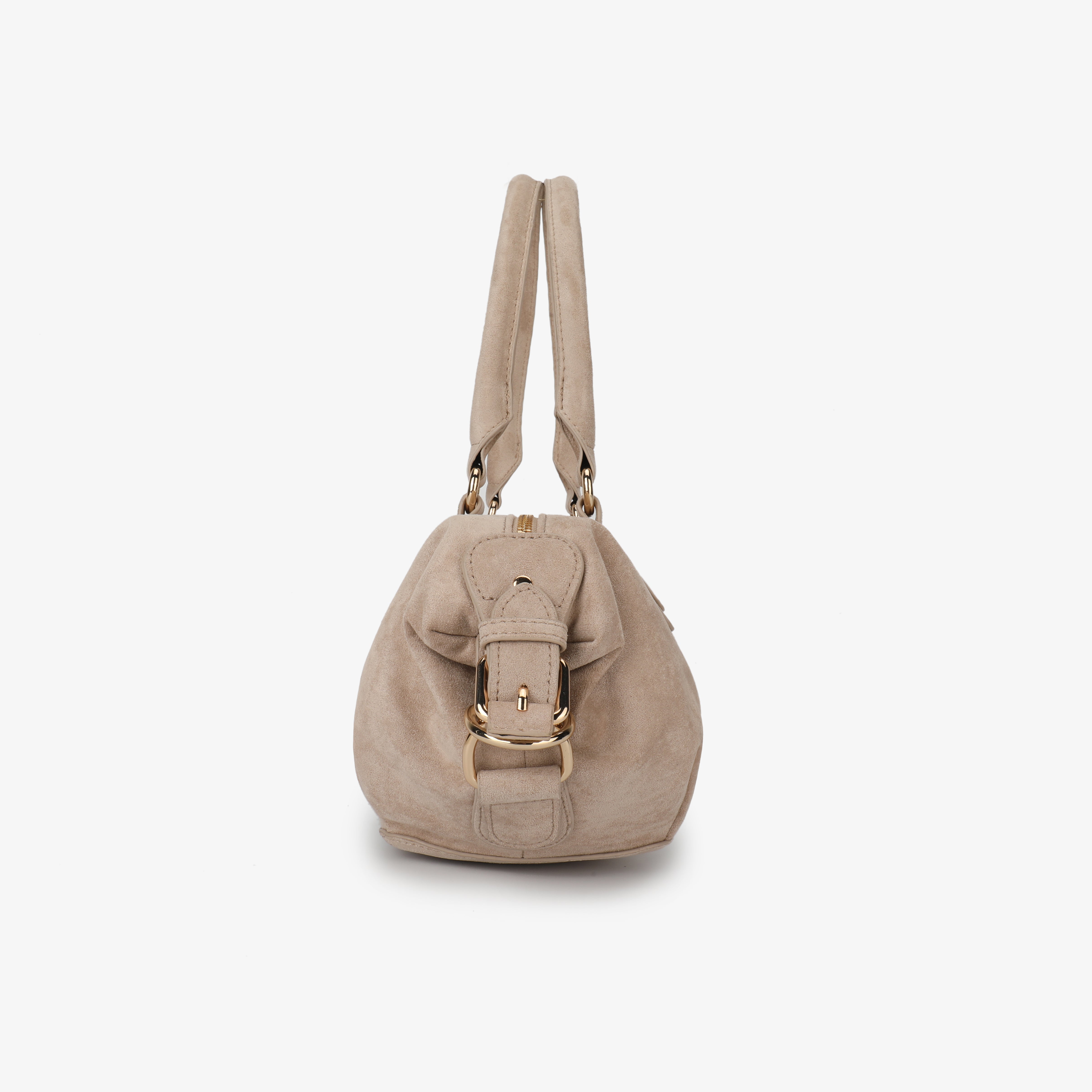 Minmalist beige faux suede handbag with a rounded base, gold hardware, and top handle_Remi and Reid