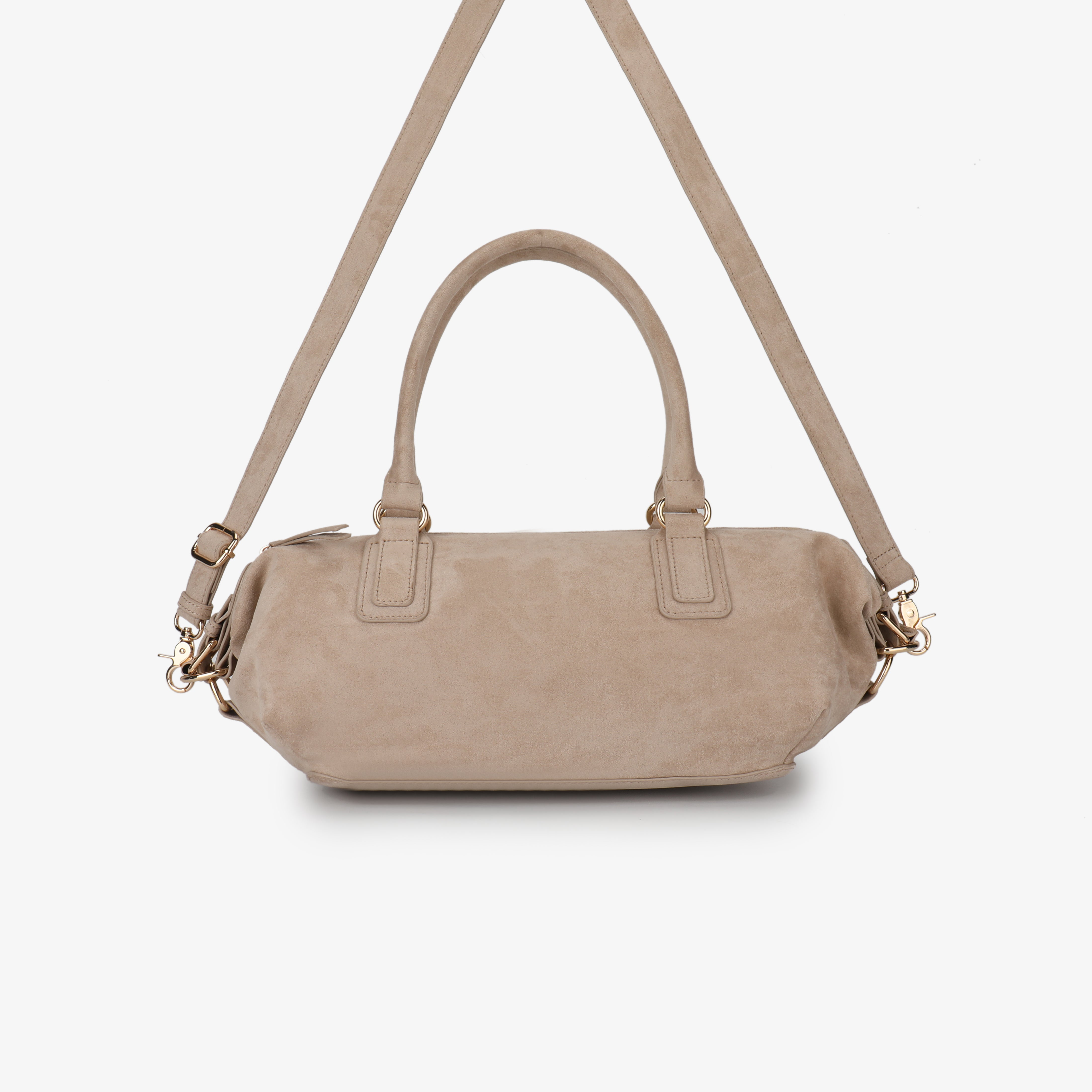 small beige faux suede handbag with strap and side buckle hardware_Remi and Reid