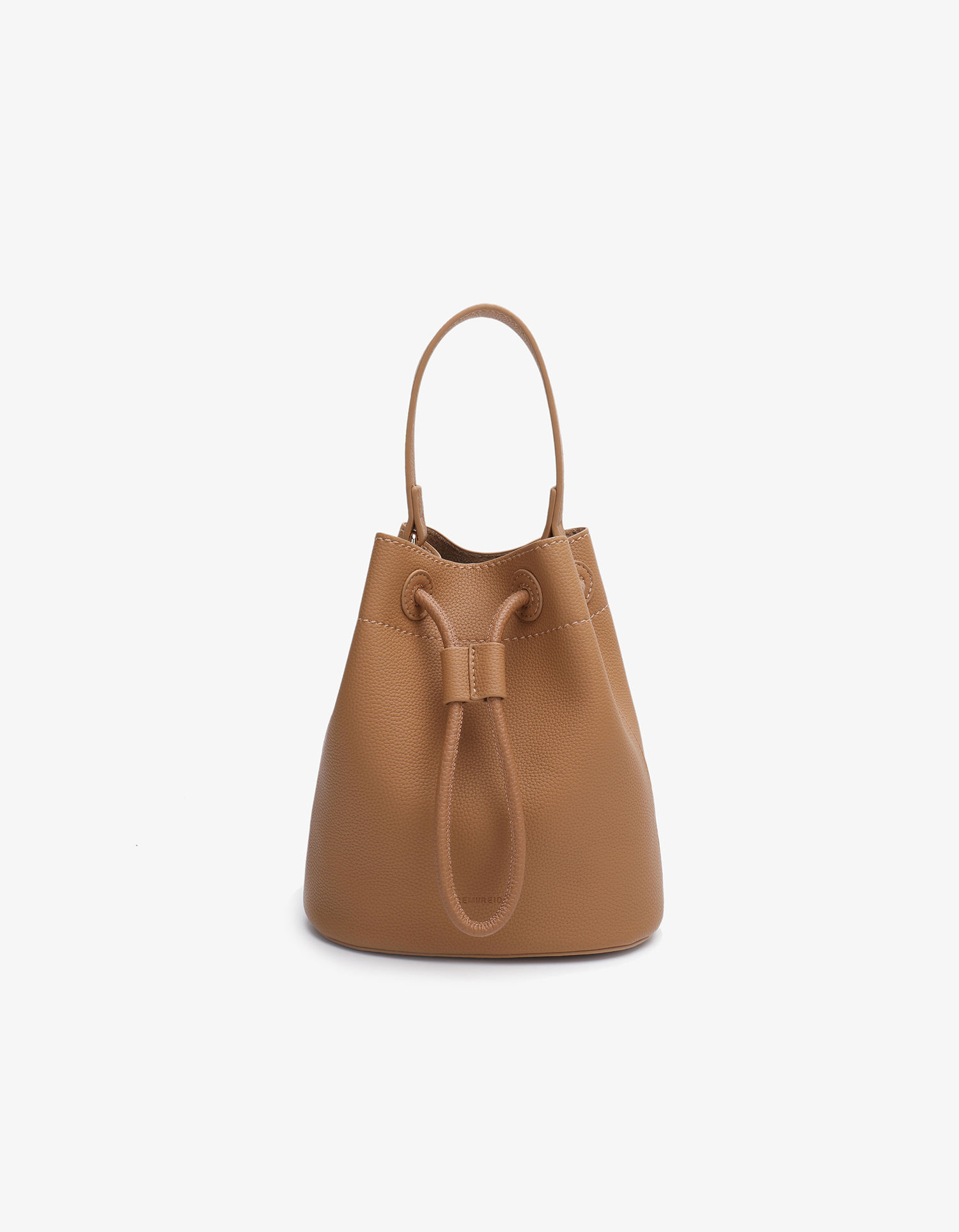 A brown faux suede mini bucket bag with a drawstring closure and a removable crossbody strap by Remi and Reid.
