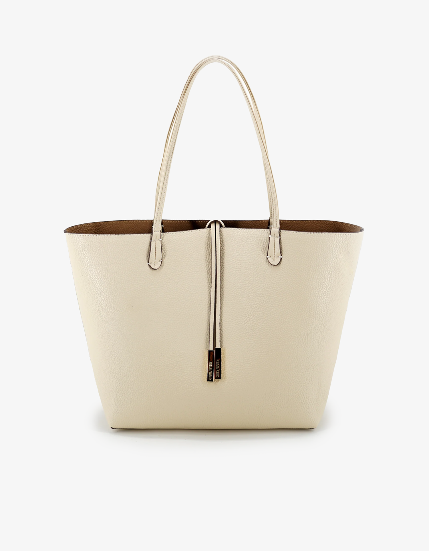Reversible cream and taupe colored tote bag with a sleek design and a removable security pouch.