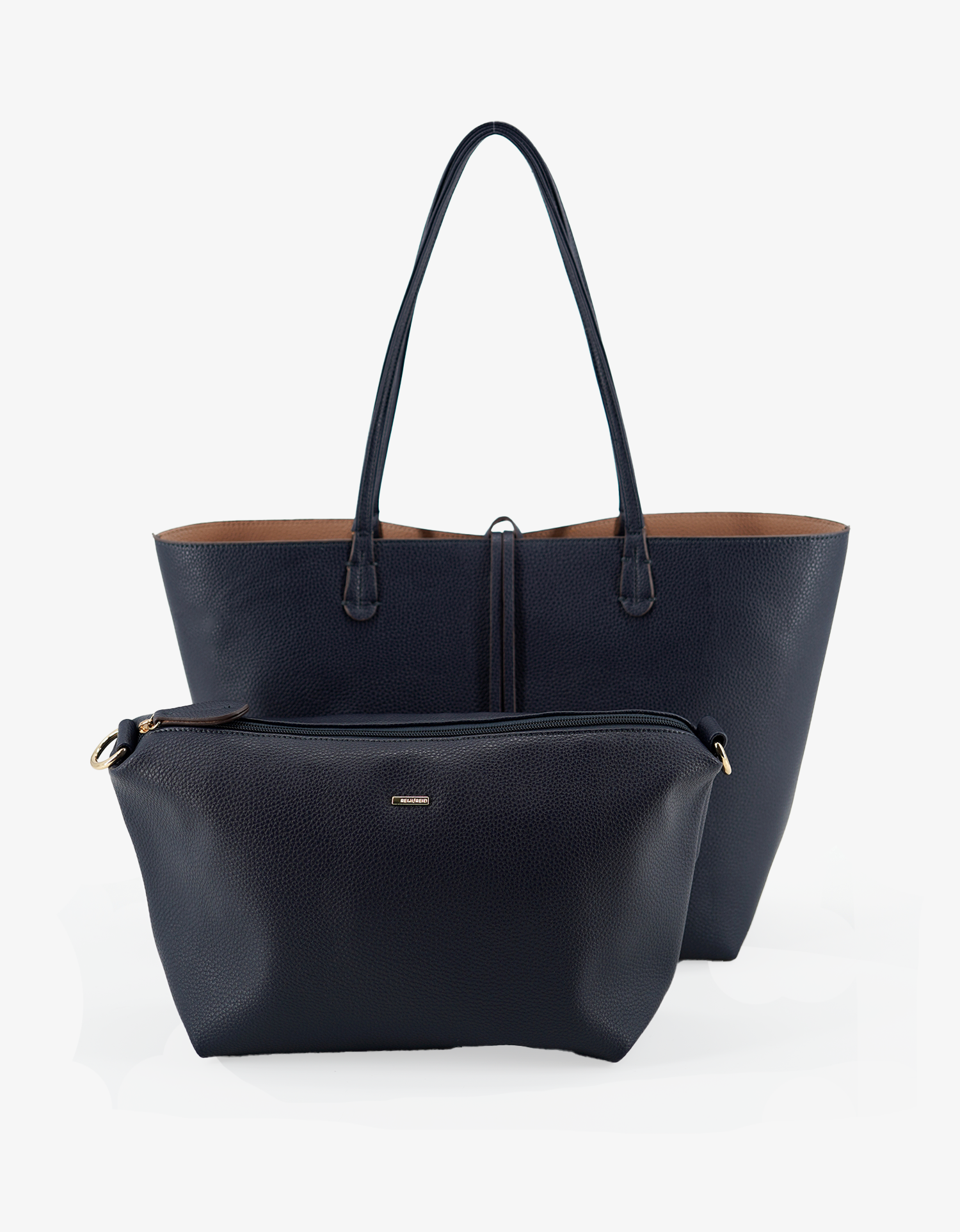 Large navy blue vegan leather tote handbag by Remi and Reid with a matching detachable zipper clutch.