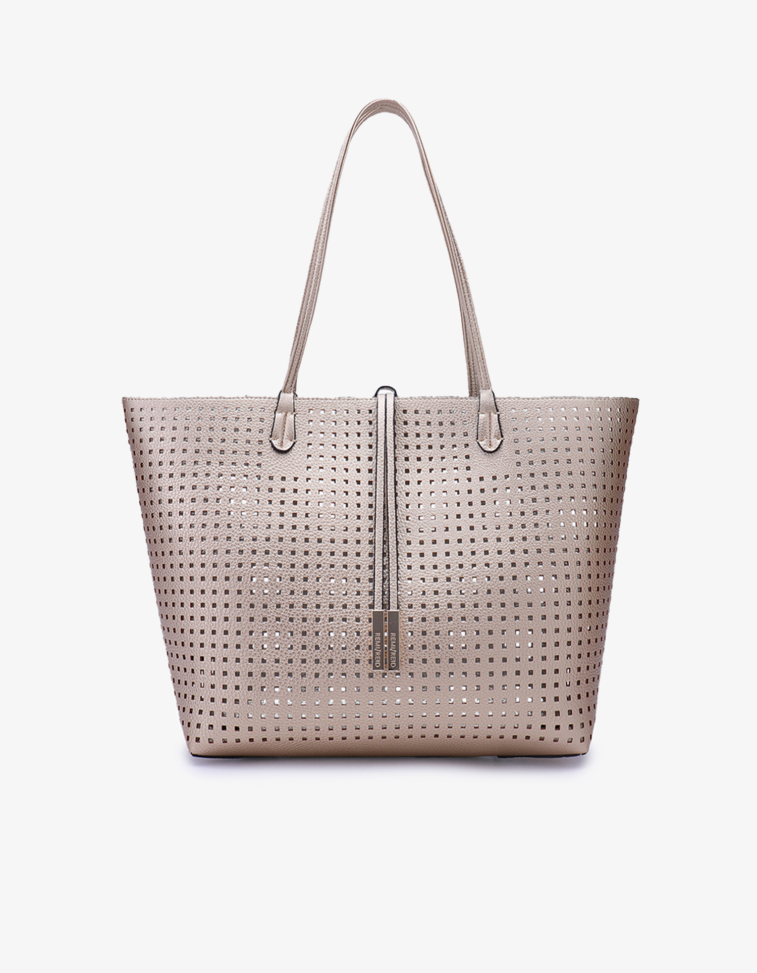 A perforated, reversible tote bag in aubergine and beige colors with a silver metallic finish. It features a removable security pouch and a long shoulder strap.