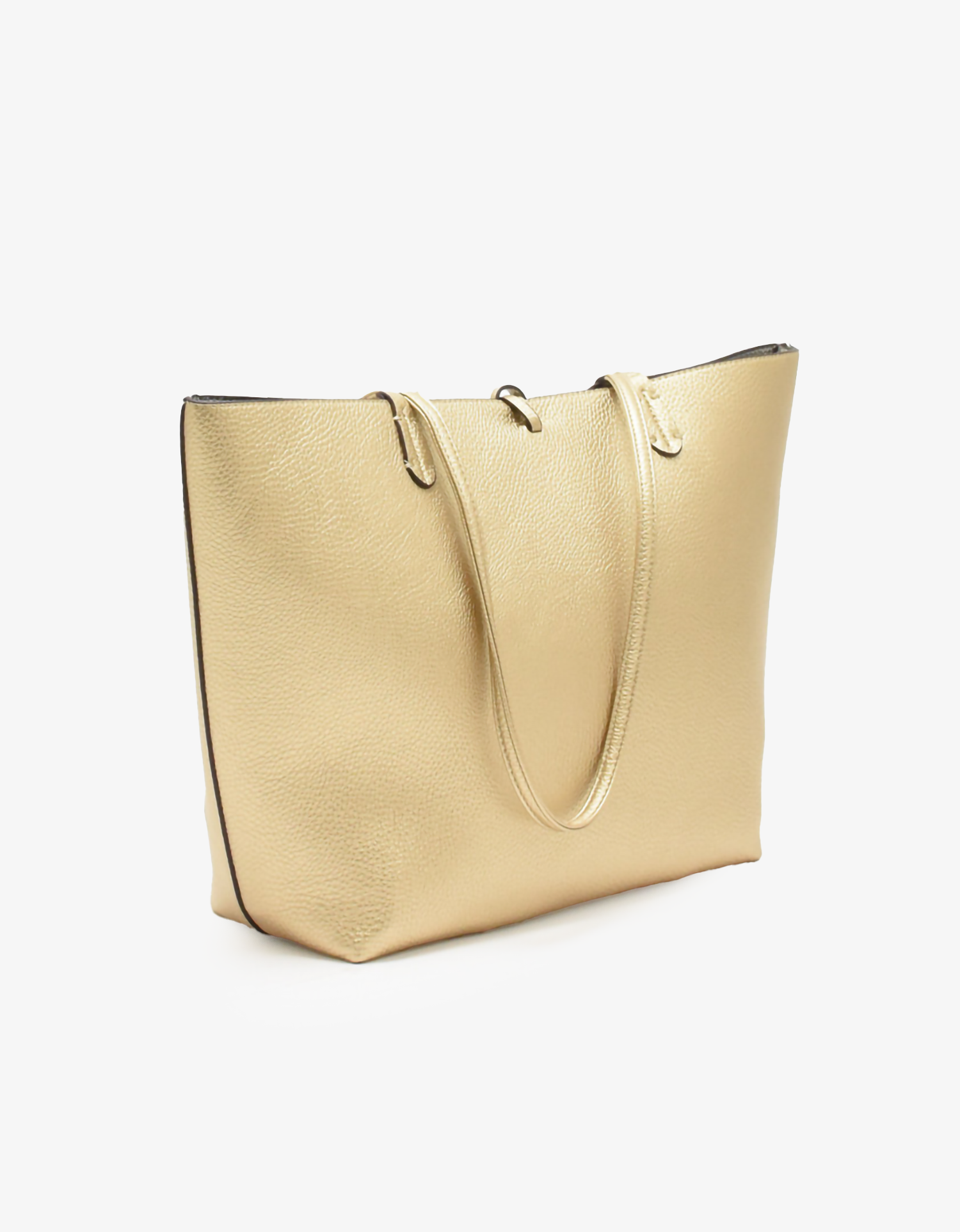 Reversible metallic gold tote bag with top handles by Remi and Reid