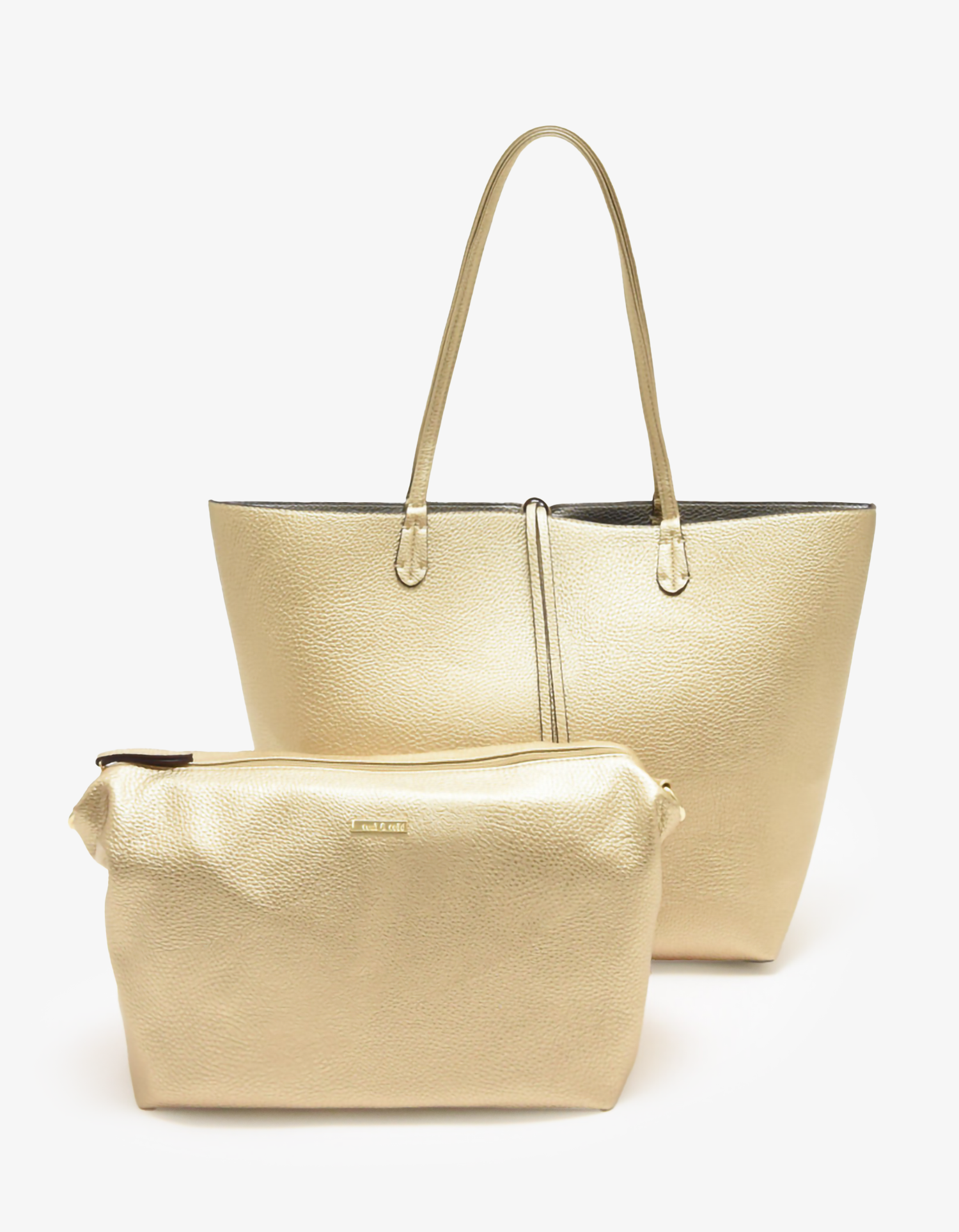 Metallic gold vegan leather tote bag with slim top handles and matching pouch by Remi and Reid