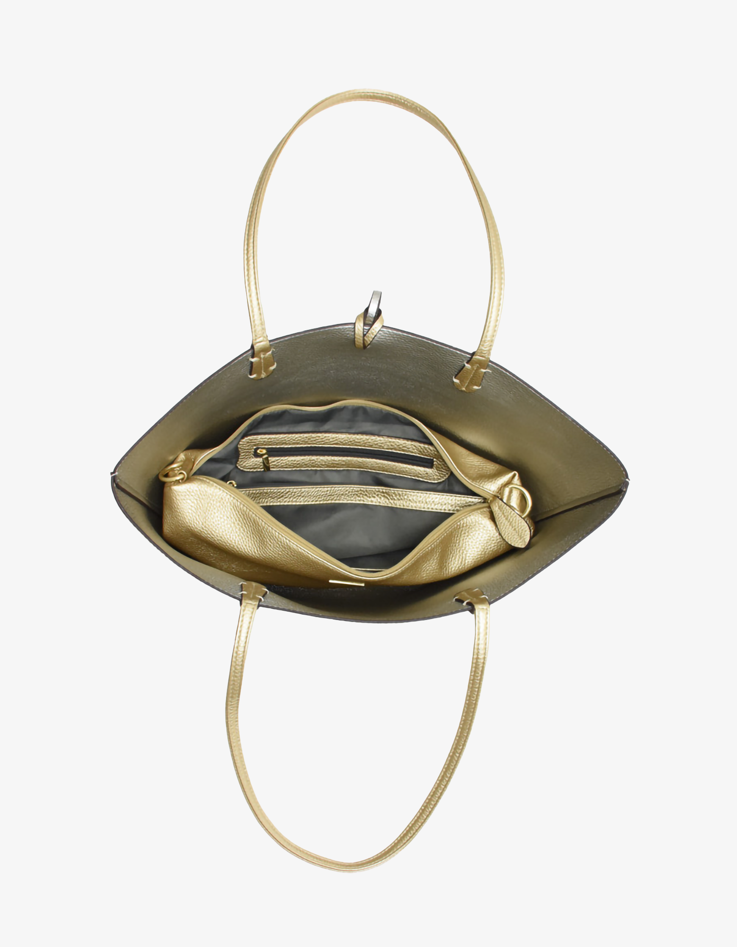 Reversible interior of Departure tote bag in metallic gold color by Remi and Reid