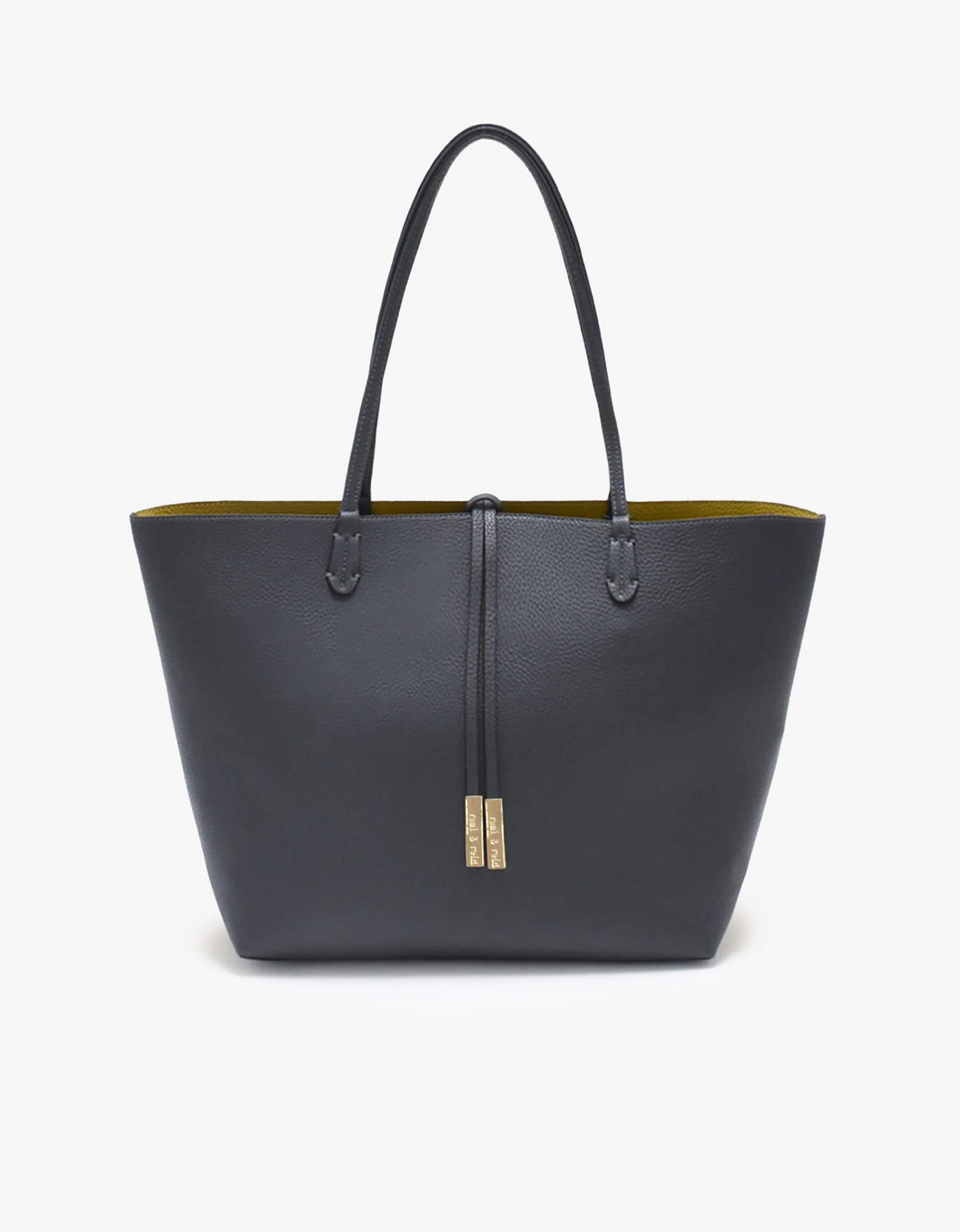 Slate gray and mustard yellow reversible tote vegan leather bag with zipper closure by Remi and Reid