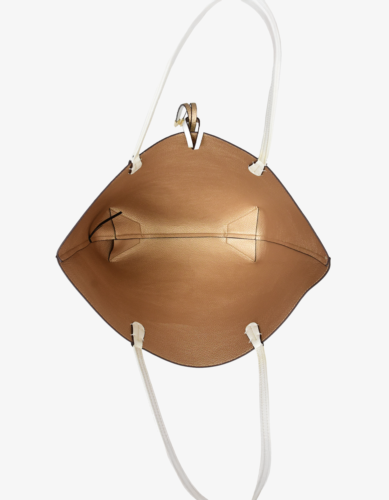 Open view of Departure reversible vegan leather tote in white and gold by Remi and Reid 