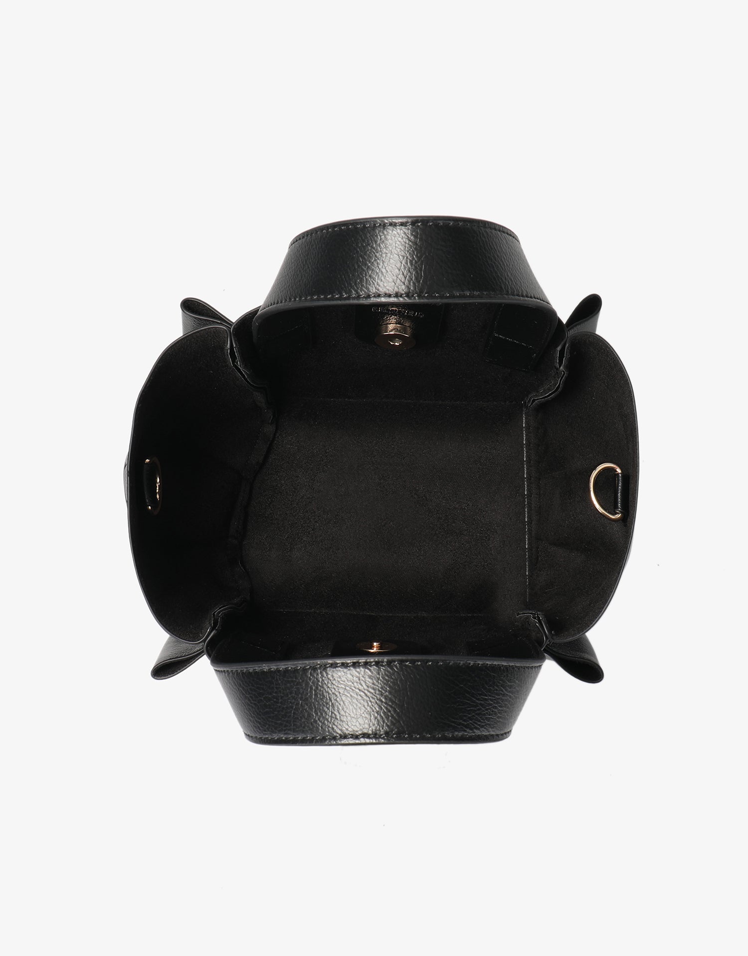 Interior of black mini tote bag with metal clasps detail_Remi and Reid