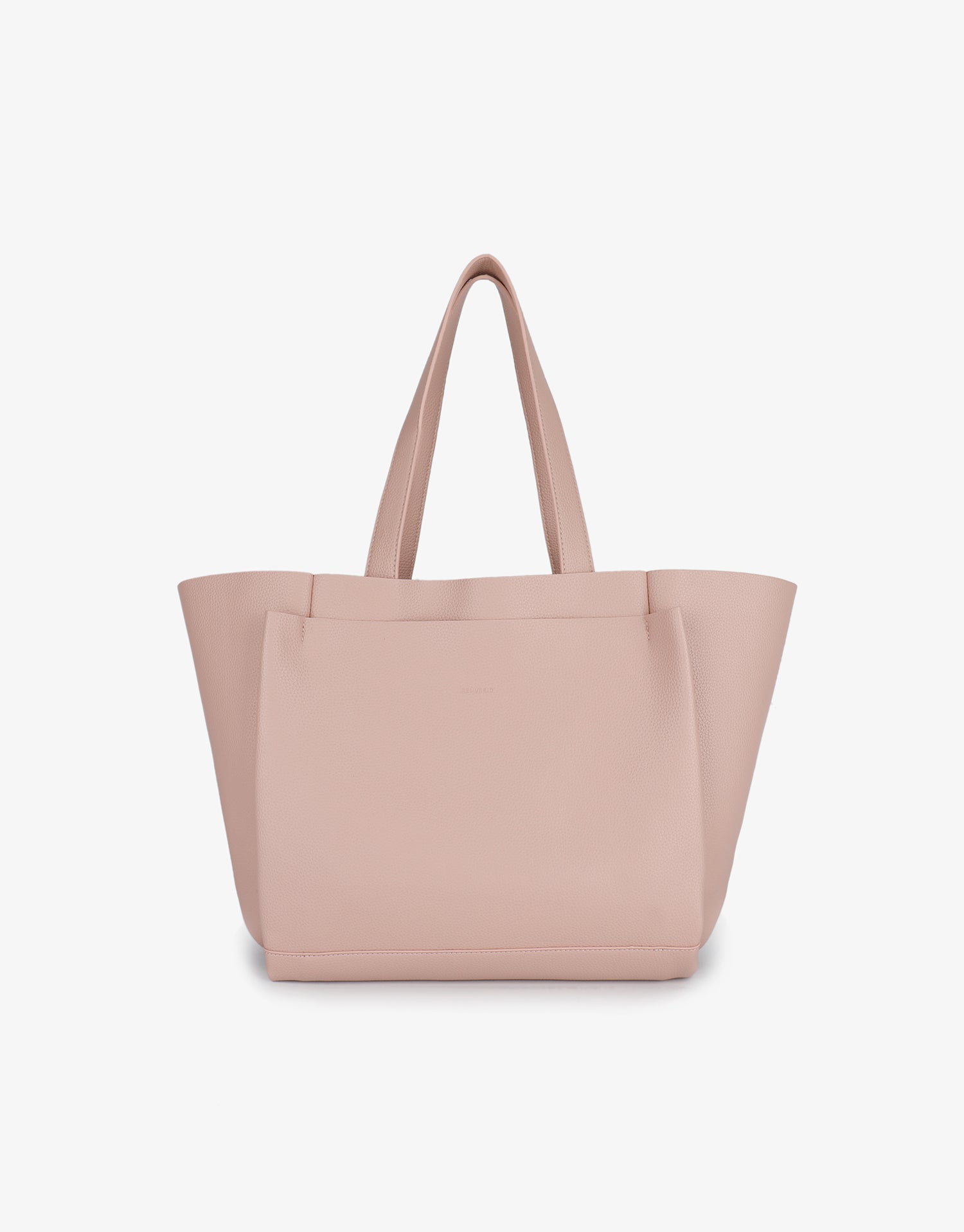 Front of pink tote bag with top handles and front pocket detail_Remi and Reid
