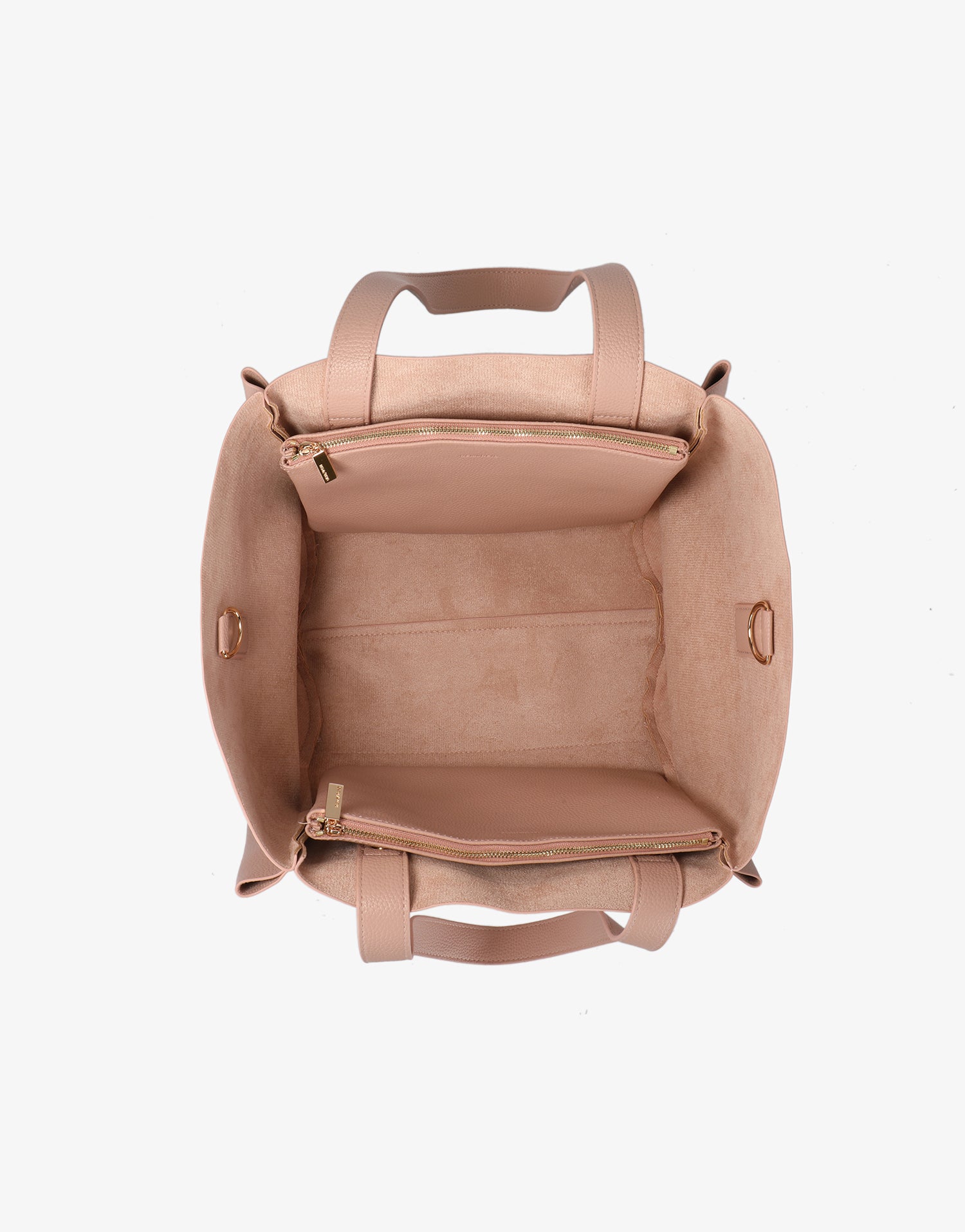 Spacious interior of pink tote bag with zip pockets details_Remi and Reid