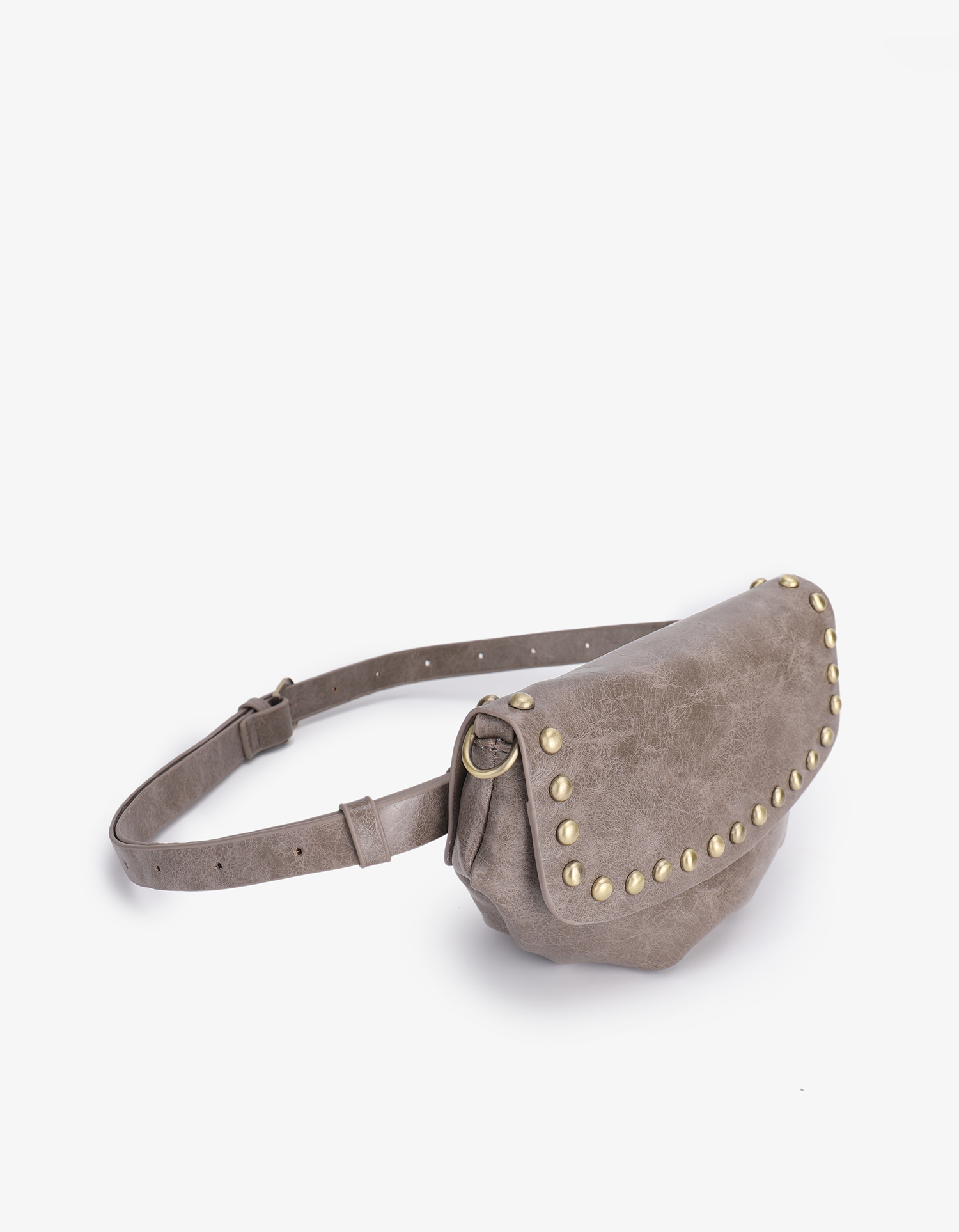 Angled side shot of grey-colored waxed vegan leather bag by Remi and Reid featuring a matching waist belt strap.