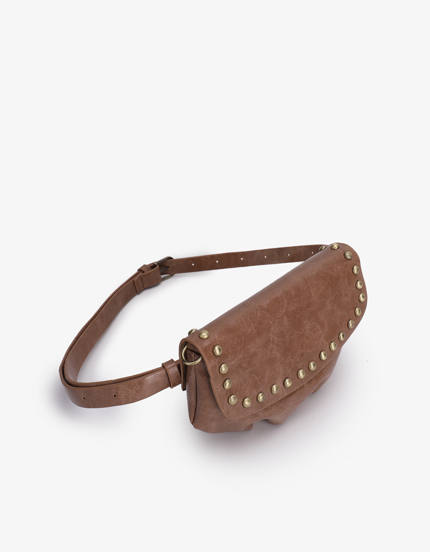 Side profile of the Etta bag by Remi and Reid worn as a belt bag in mauve waxed vegan leather with studded details.