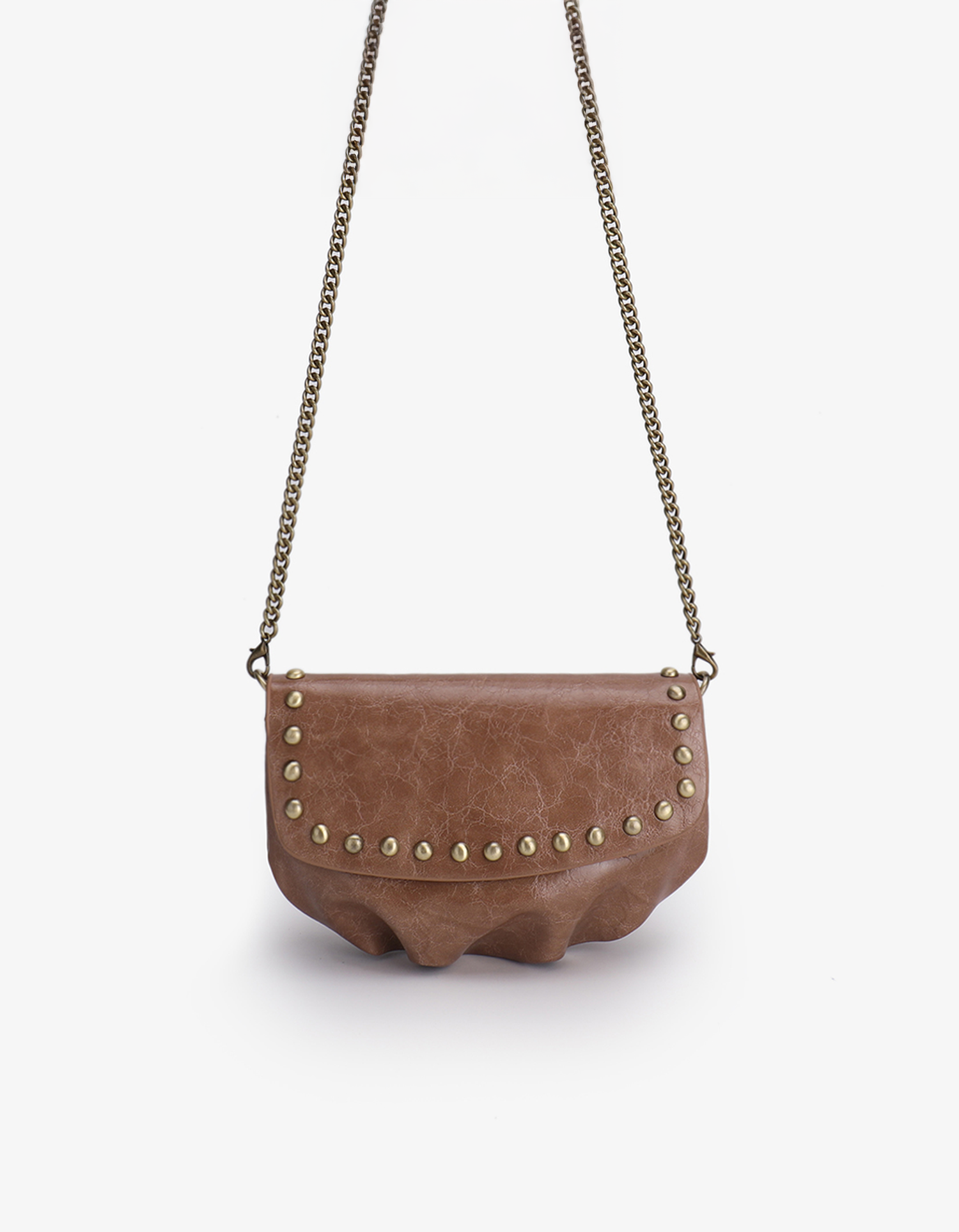 Etta bag by Remi and Reid in waxed mauve vegan leather with brass-tone studs along the flap featuring a metallic chain strap.