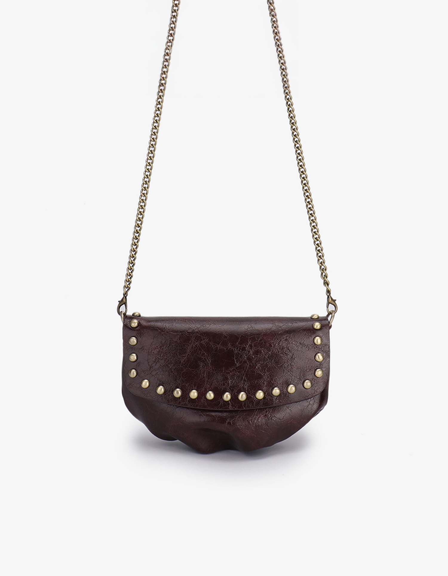 Etta bag by Remi and Reid in waxed oxblood brown vegan leather with brass-tone studs along the flap featuring a metallic chain strap.