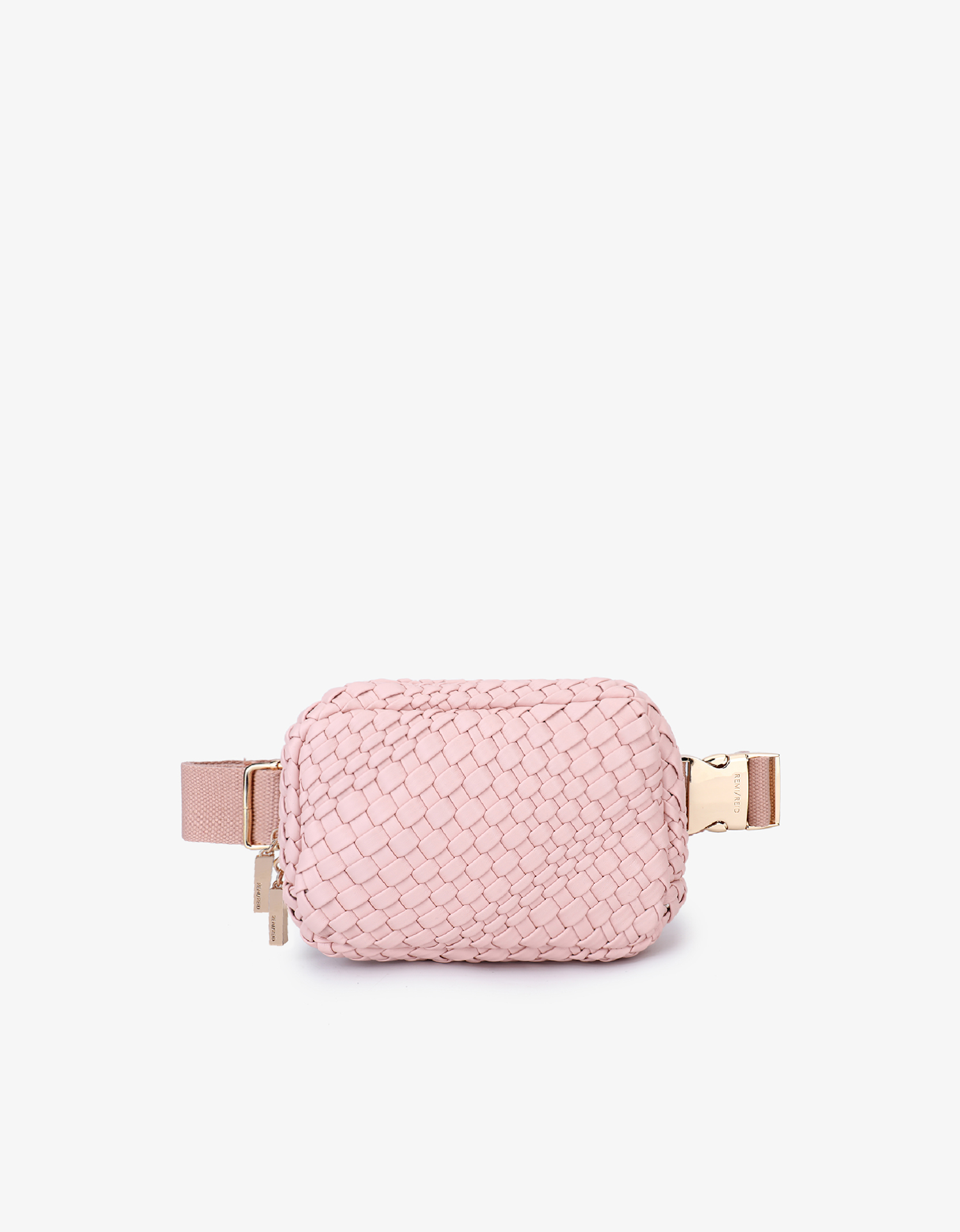 A pink woven belt bag with light gold hardware and an adjustable webbing strap by Remi and Reid.