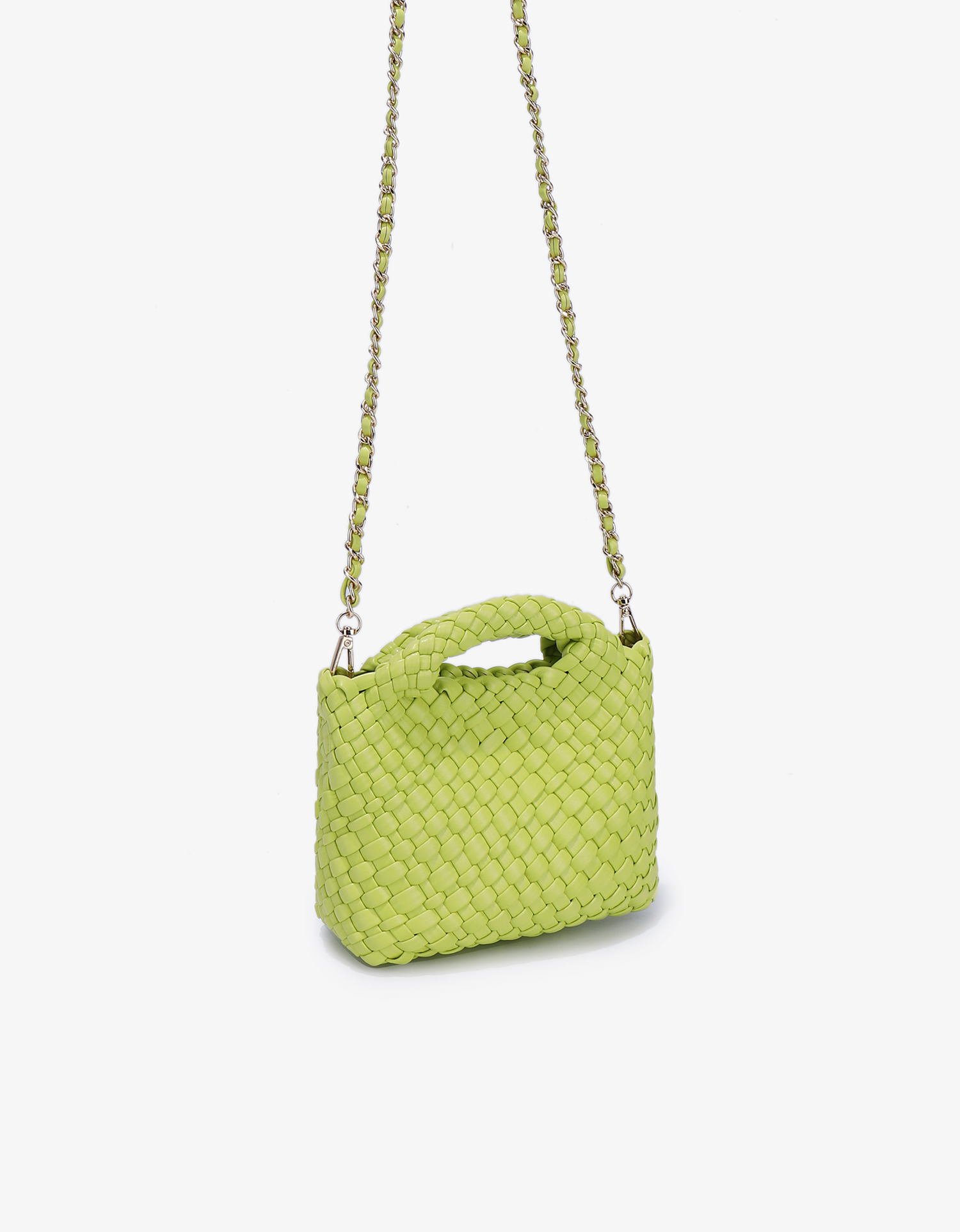 Chartreuse green mini woven tote bag by Remi and Reid with chain strap.