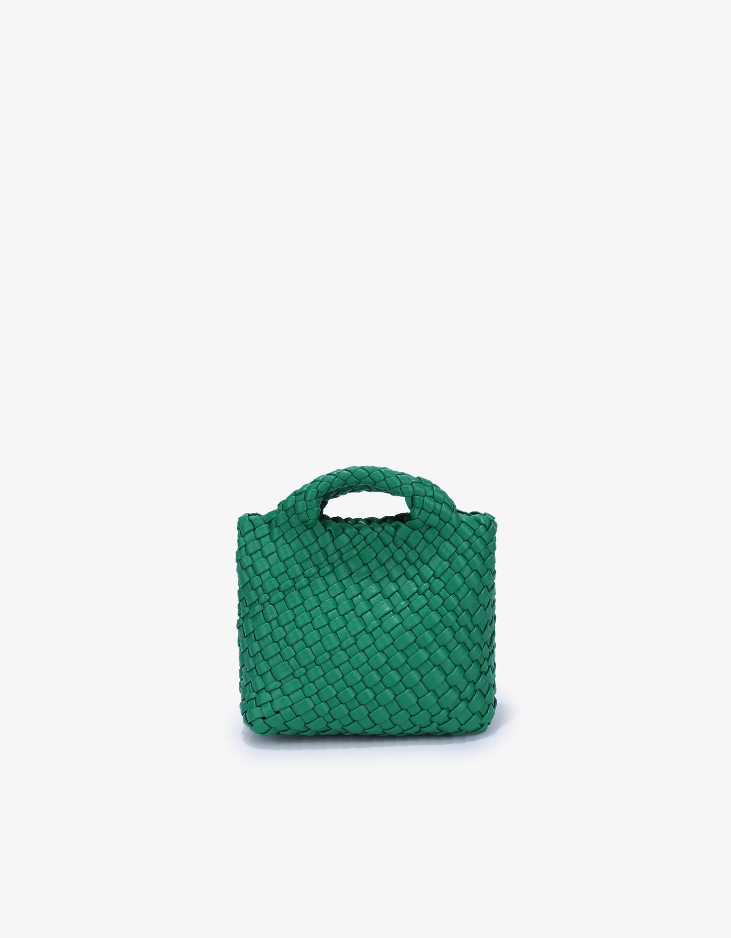 A green mini tote with a woven design, featuring a short handle by Remi and Reid.