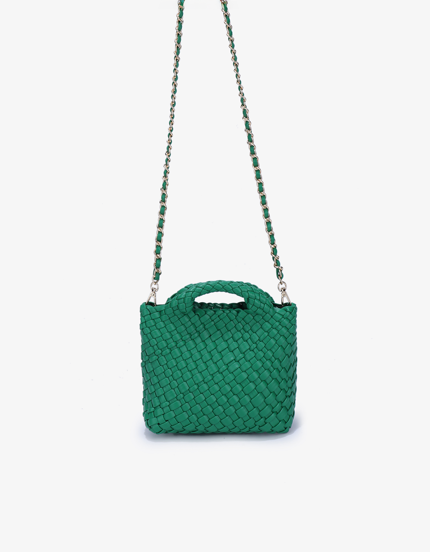 Tightly-weaved vegan leather mini tote green by Remi and Reid with crossbody strap interlaced with chain strap.