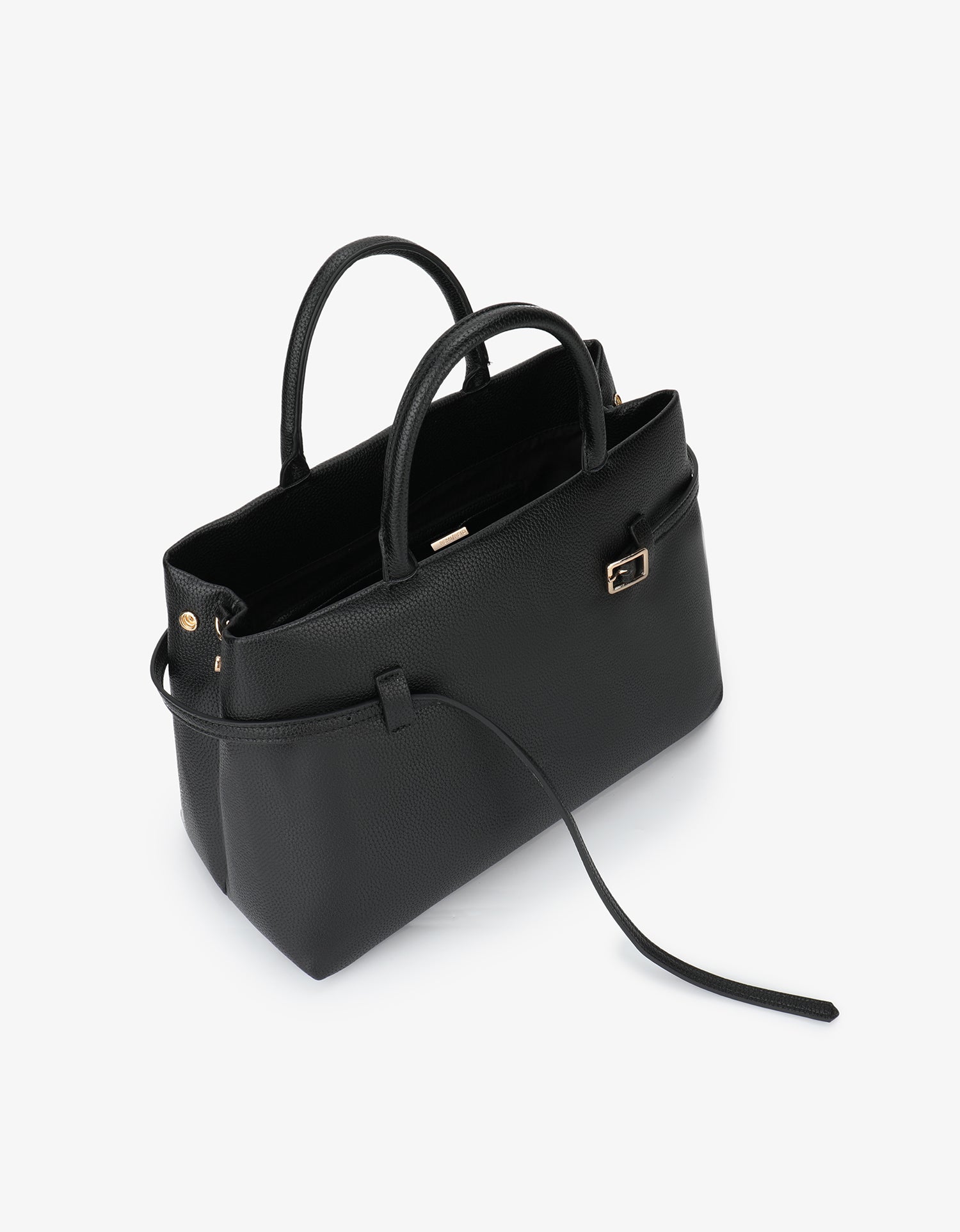 Black handbag with strap belt detail_Remi and Reid