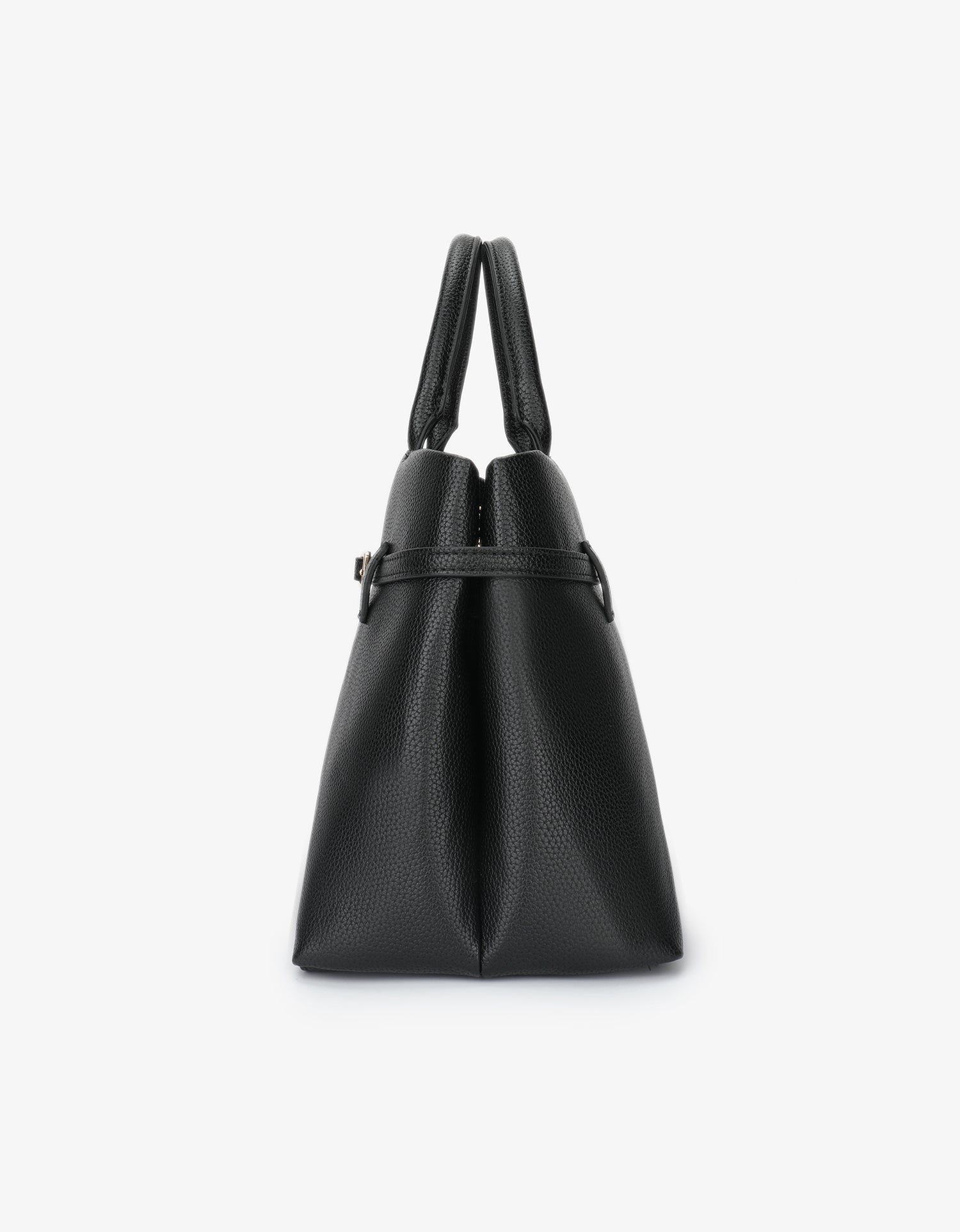 Black handbag with strap buckle detail side view_Remi and Reid