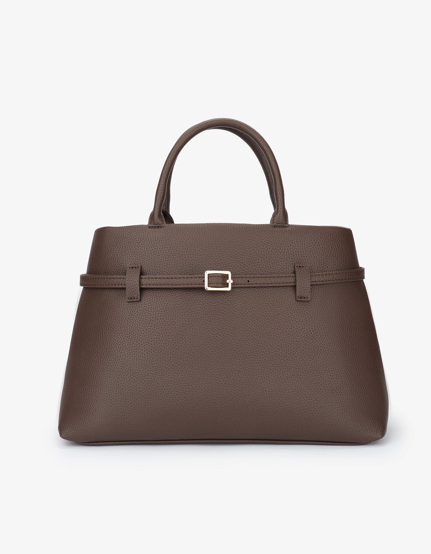 Brown handbag with a strap and buckle_Remi and Reid