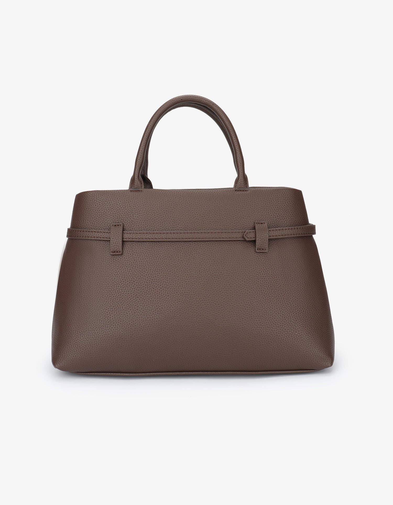 Brown handbag with strap detail back-facing_Remi and Reid