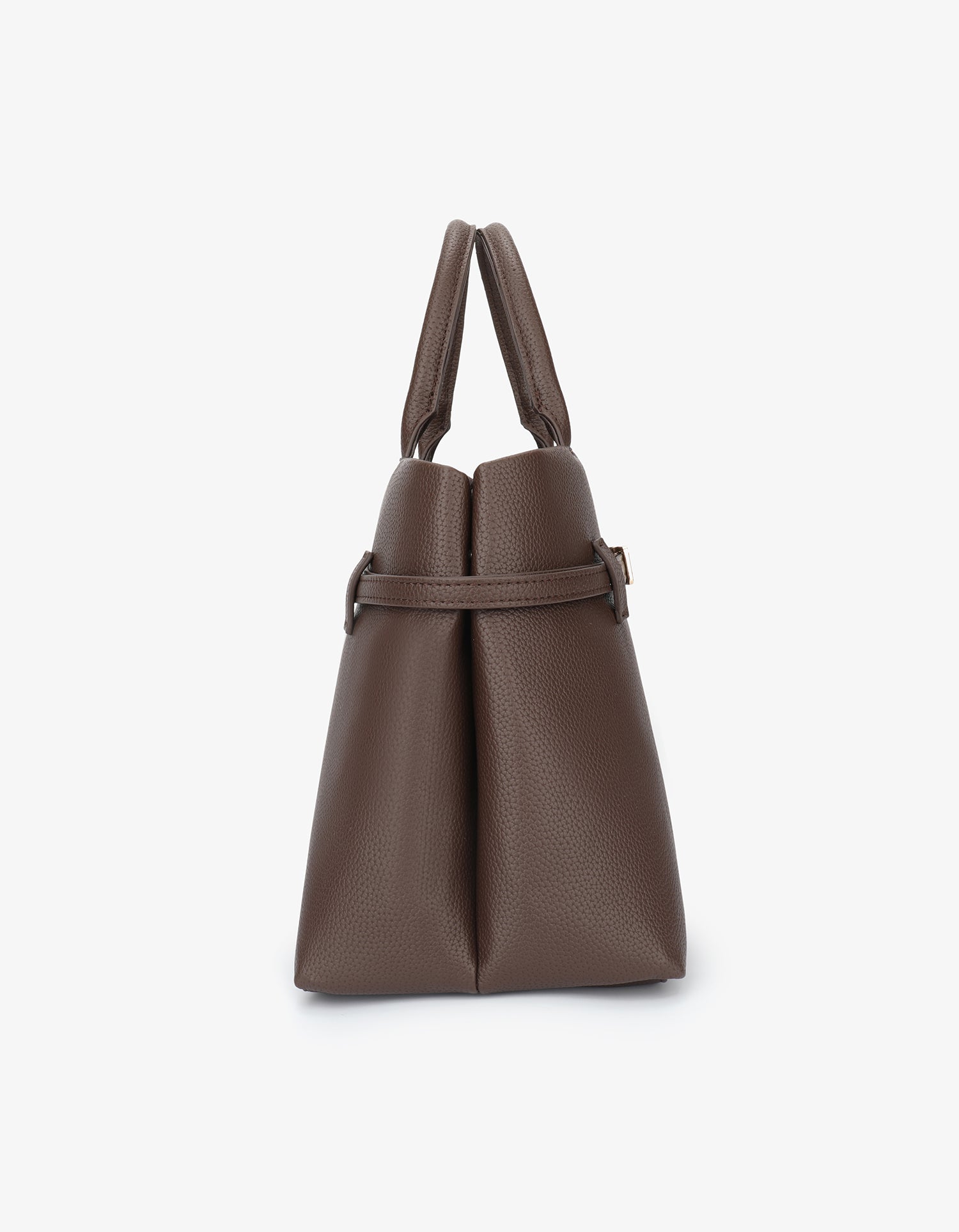 Brown handbag with buckle strap detail side view