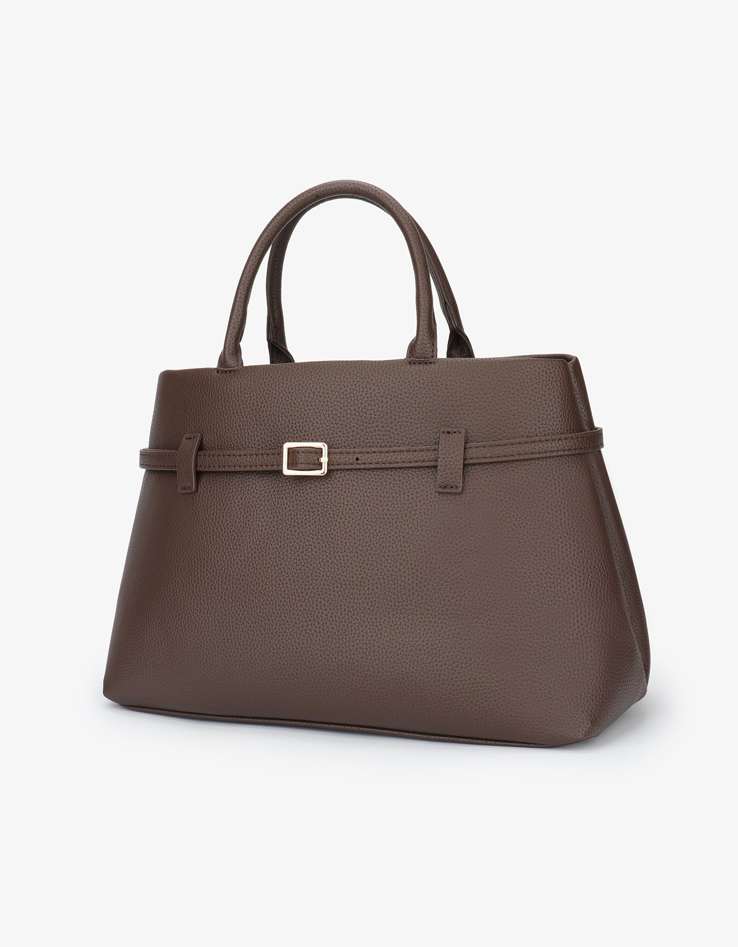 Brown handbag with a belt buckle detail_Remi and Reid