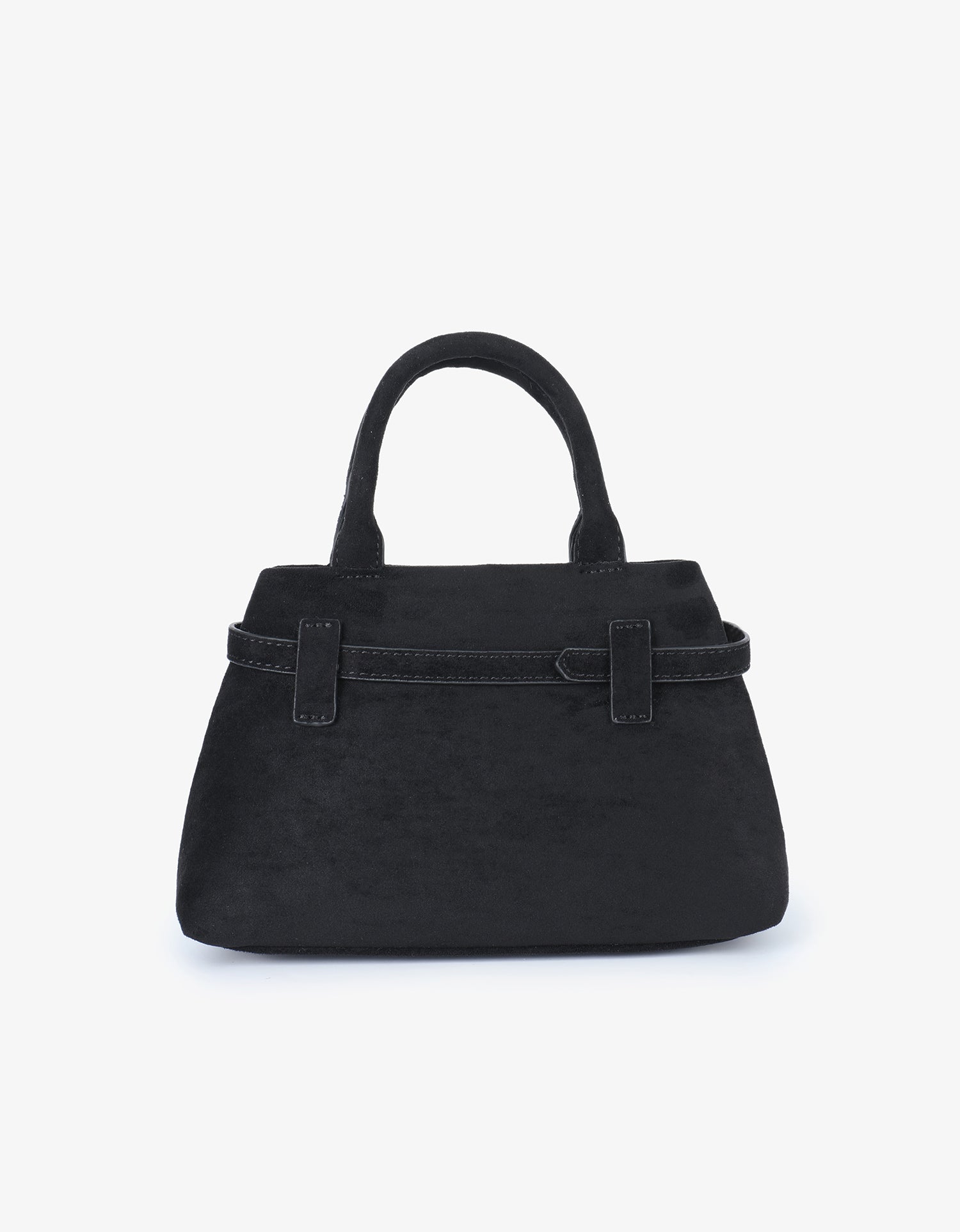 Black faux suede top-handle handbag with decorative belt detail_Remi and Reid
