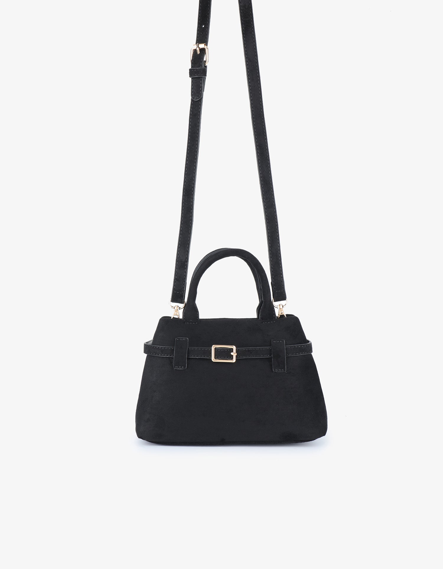 Black faux suede crossbody bag with long shoulder strap and top handle_Remi and Reid