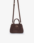 Brown faux suede crossbody bag with long shoulder strap and top handle_Remi and Reid