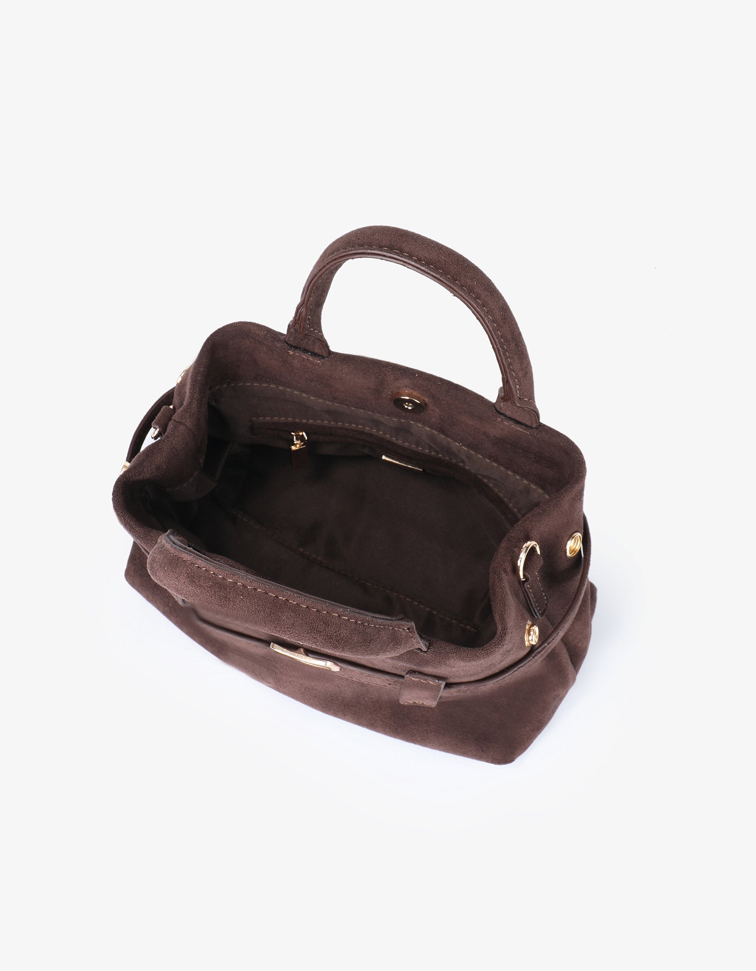 Luxurious interior of brown faux suede handbag with magnetic snap closure_Remi and Reid