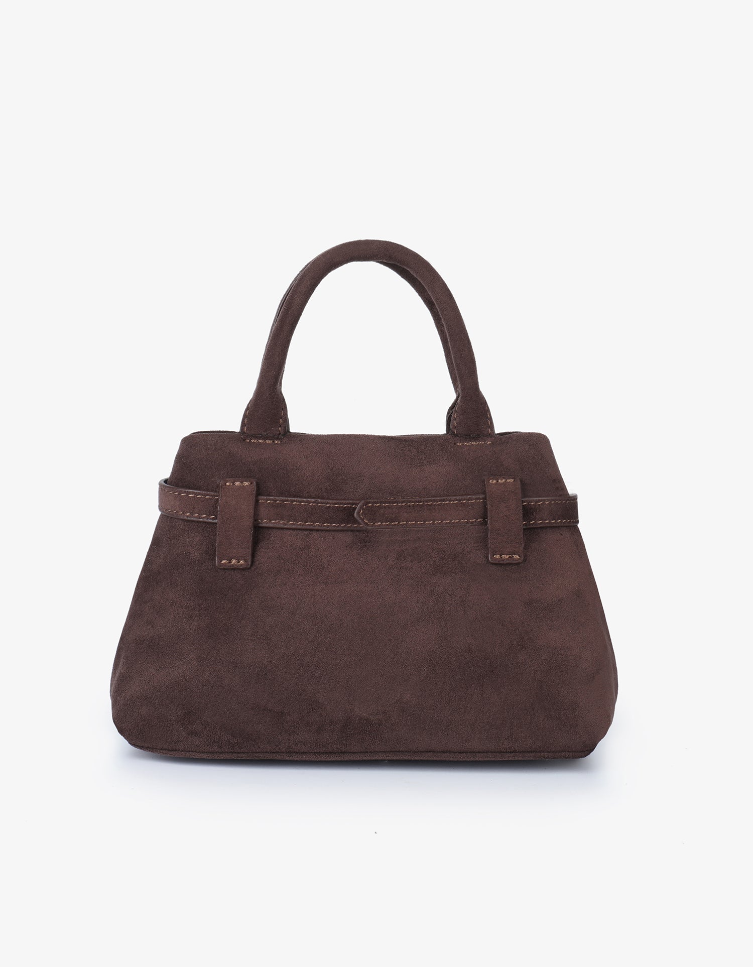 Brown faux suede top-handle handbag with decorative belt detail_Remi and Reid
