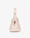 Side detail with belt strap design of beige faux suede mini doctor bag_Remi and Reid