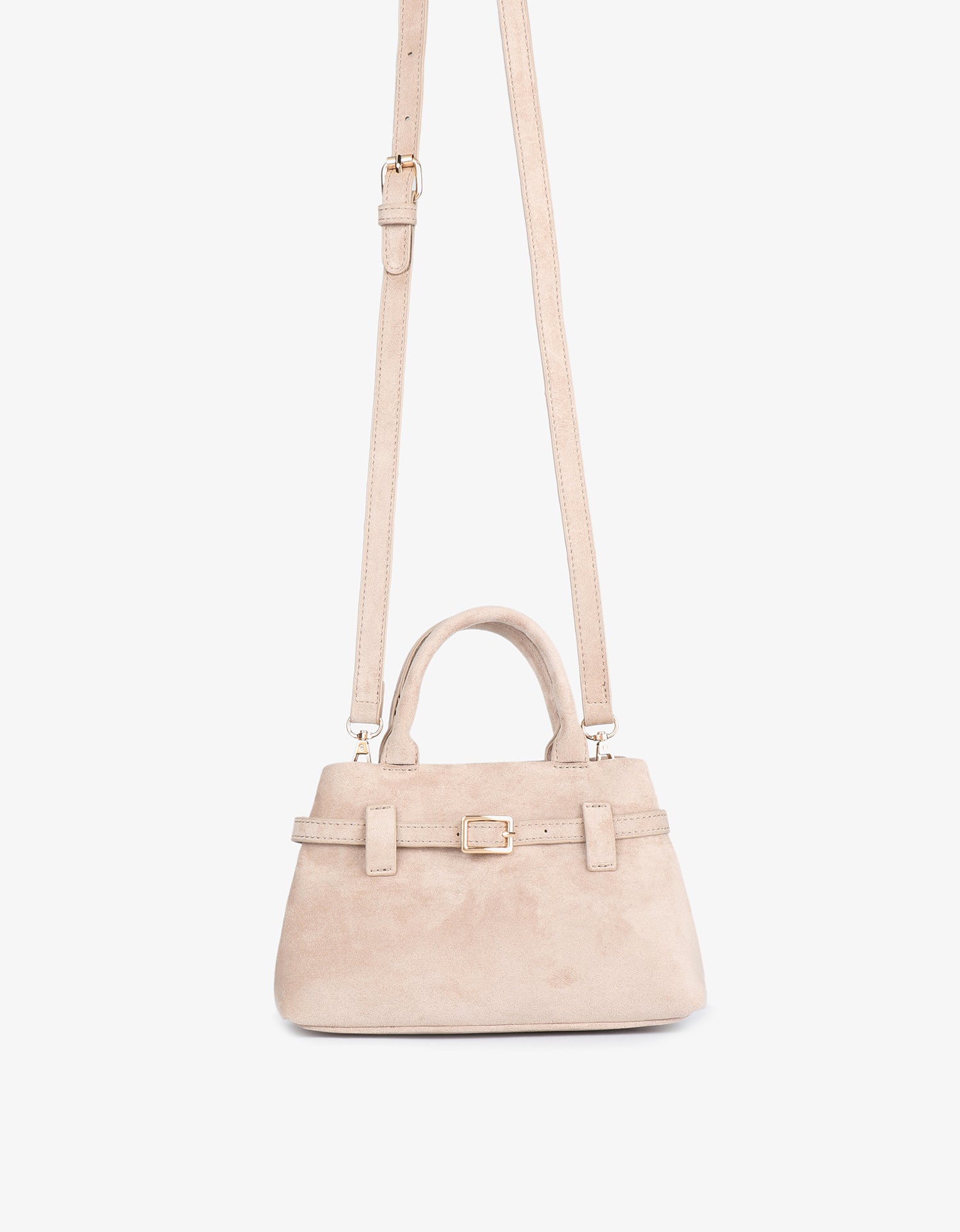 Beige faux suede crossbody bag with long shoulder strap and top handle_Remi and Reid