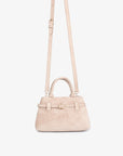 Beige faux suede crossbody bag with long shoulder strap and top handle_Remi and Reid