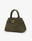 Elegant green olive faux suede mini doctor handbag_Remi and Reid