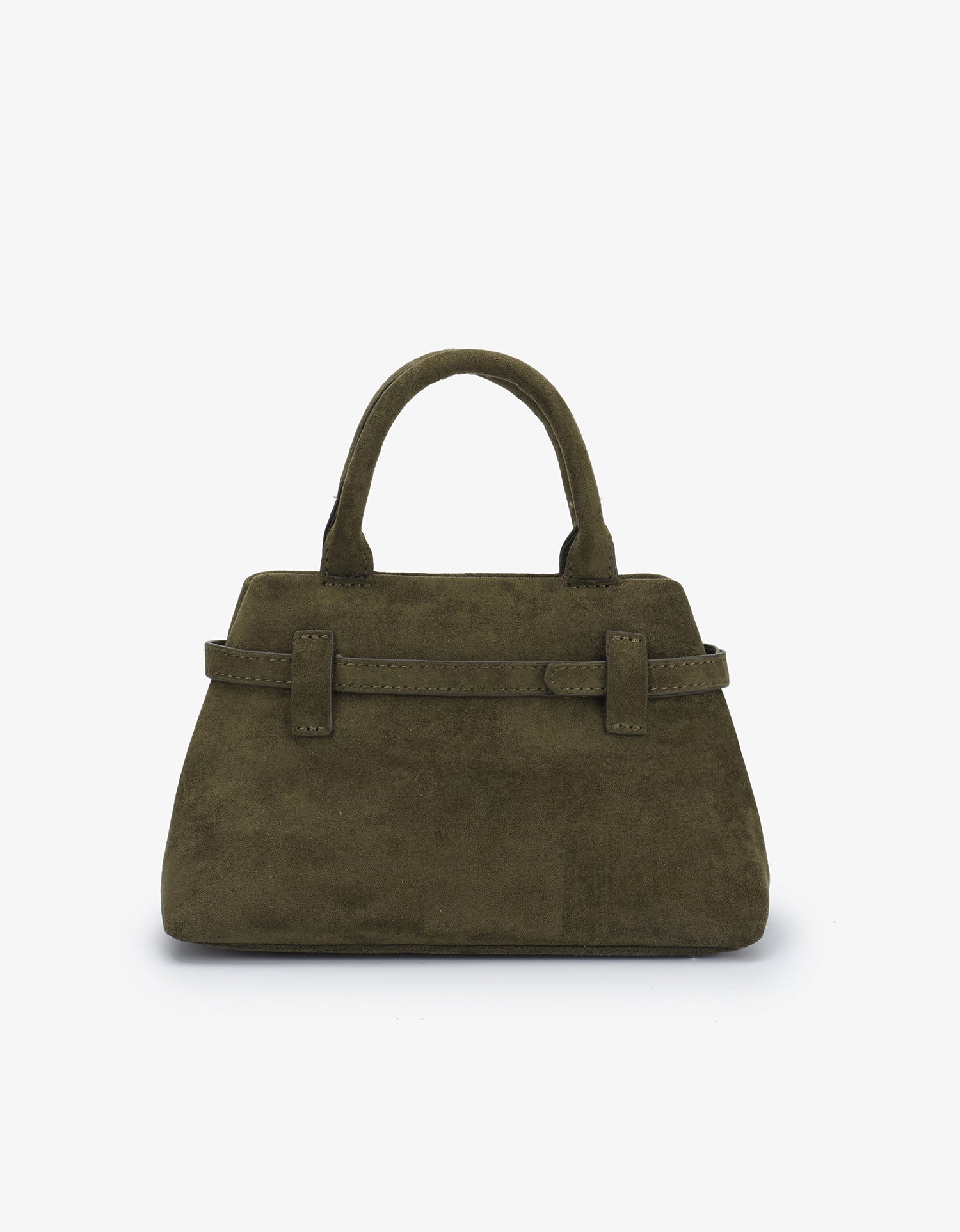Green olive faux suede top-handle handbag with decorative belt detail_Remi and Reid