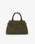 Green olive faux suede top-handle handbag with decorative belt detail_Remi and Reid