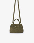 Olive green faux suede crossbody bag with long shoulder strap and top handle_Remi and Reid