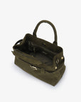 Luxurious interior of olive green faux suede handbag with magnetic snap closure_Remi and Reid