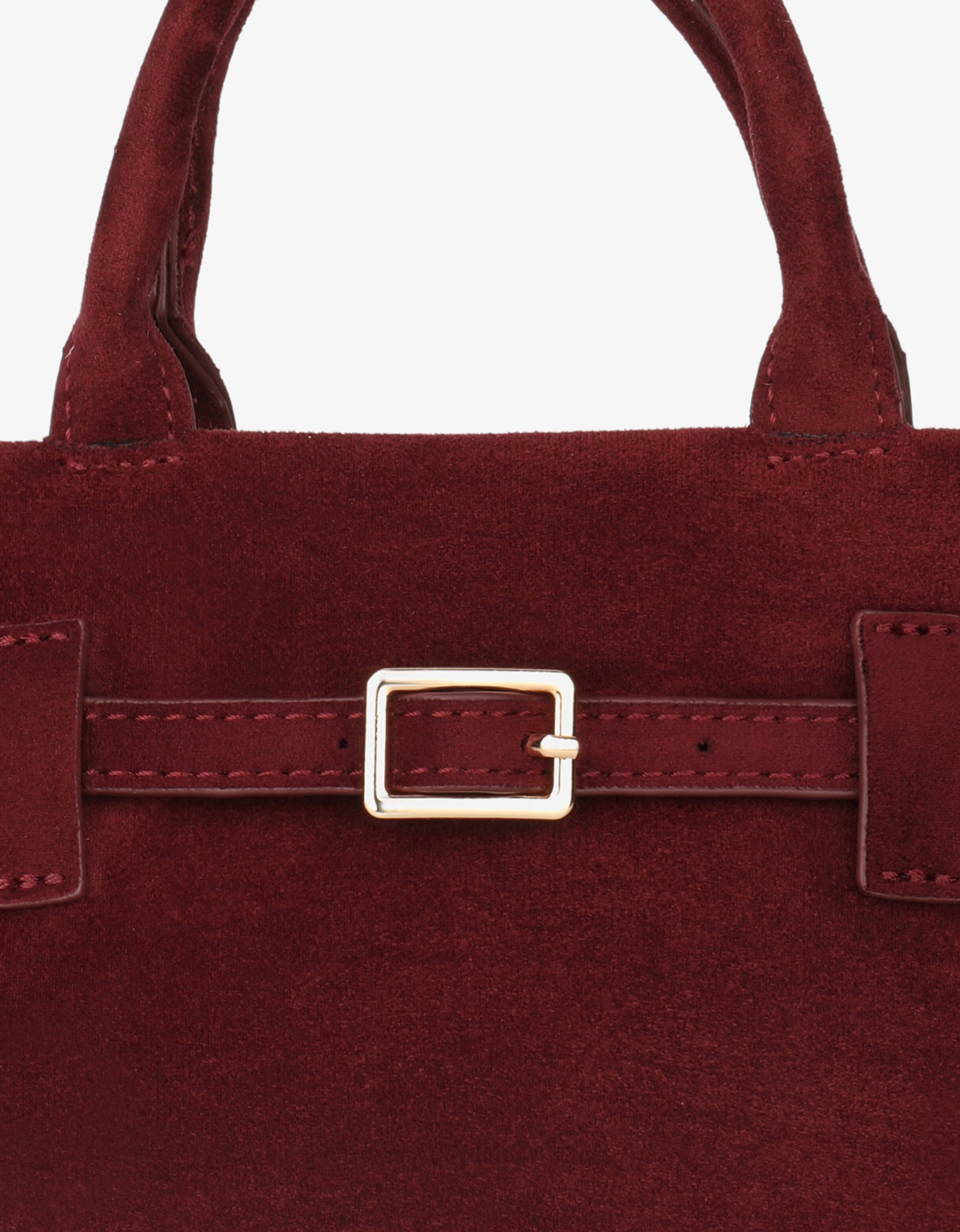 Close-up of a burgundy handbag with a gold buckle_Remi and Reid