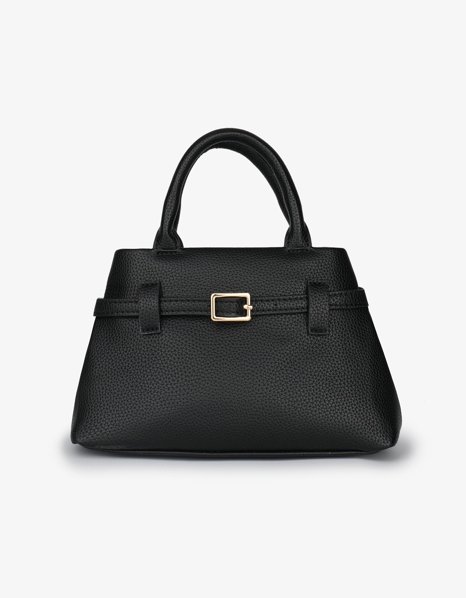 Black handbag with a gold buckle and strap handle_Remi and Reid