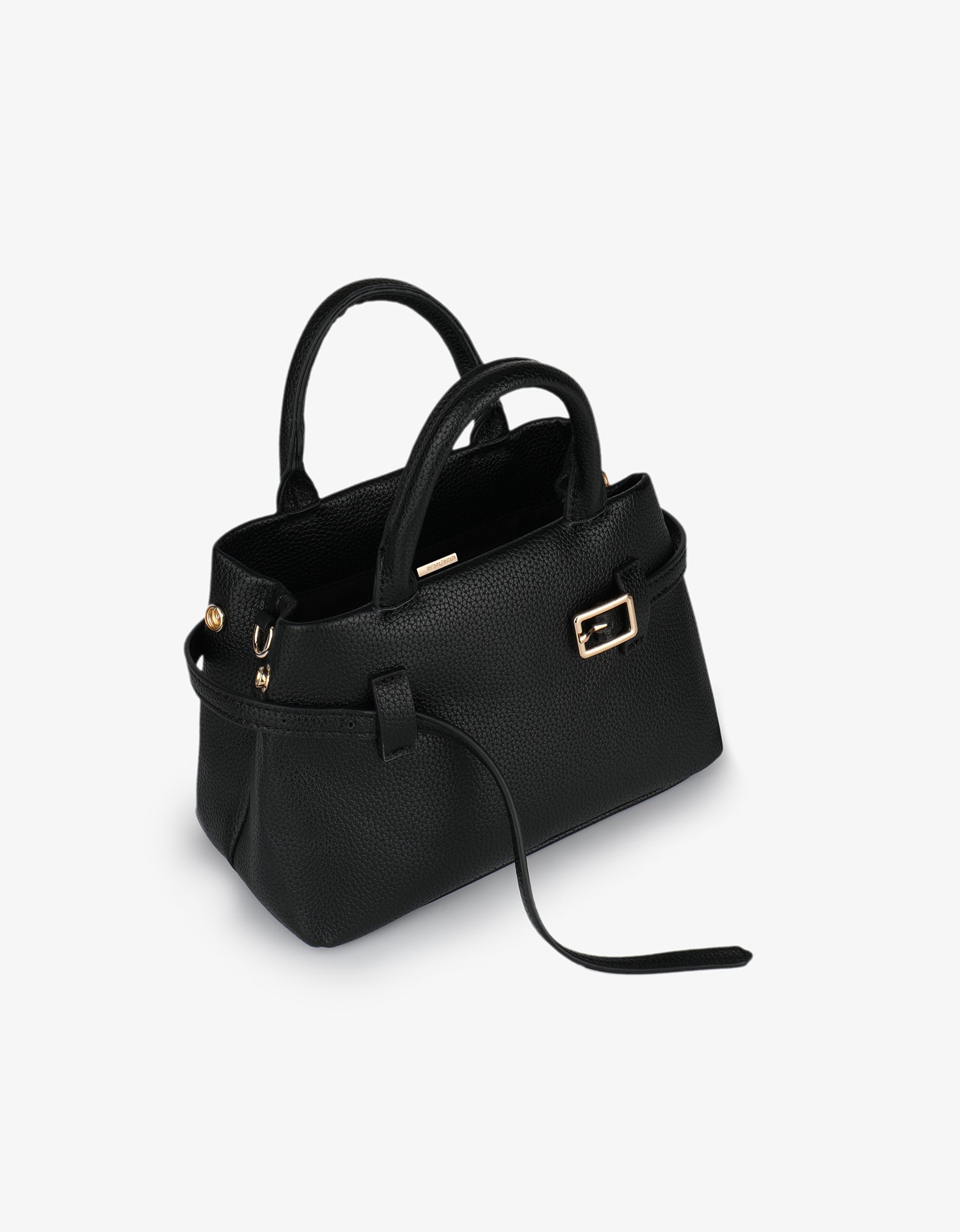 Black vegan leather handbag with a gold buckle and strap handle details_Remi and Reid